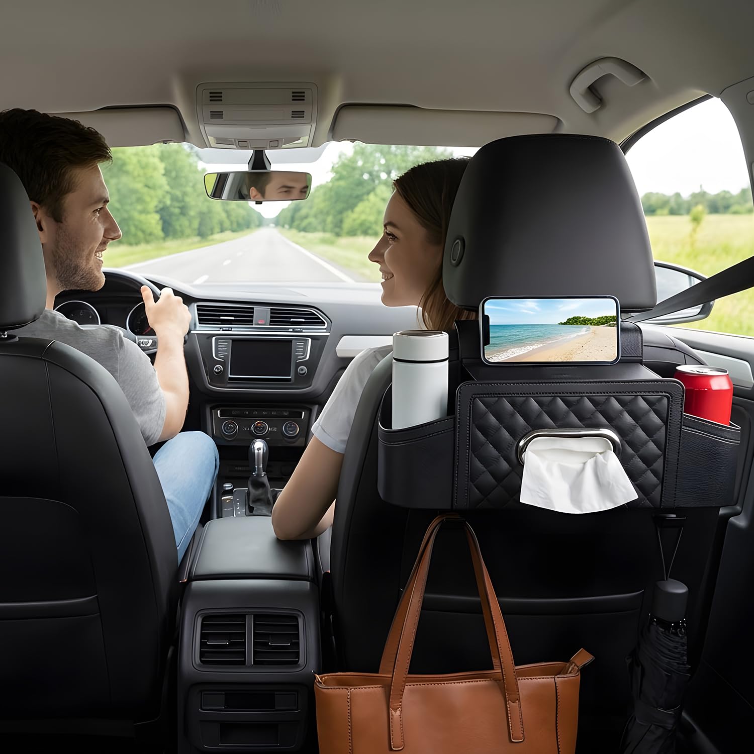 Tissting Organisateur De Dossier De Siège De Voiture Avec Porte-gobelet Et Boîte À Mouchoirs, Boîte De Rangement Multifonctionnelle En Plastique Pour Accessoires De Voyage En Voiture (Black)