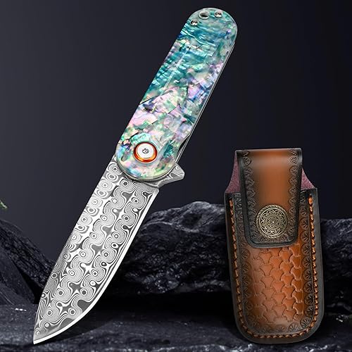 Vista 34 de Navaja de bolsillo con rompecristales, cuchillo plegable EDC Damasco con cortador de cinturón de seguridad, 3.35 pulgadas VG10 de hoja de acero