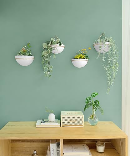 Miniatura 2 de Mkono Juego de 2 macetas colgantes de cerámica con colgador geométrico de metal para plantas, moderna maceta montada en la pared para suculentas,