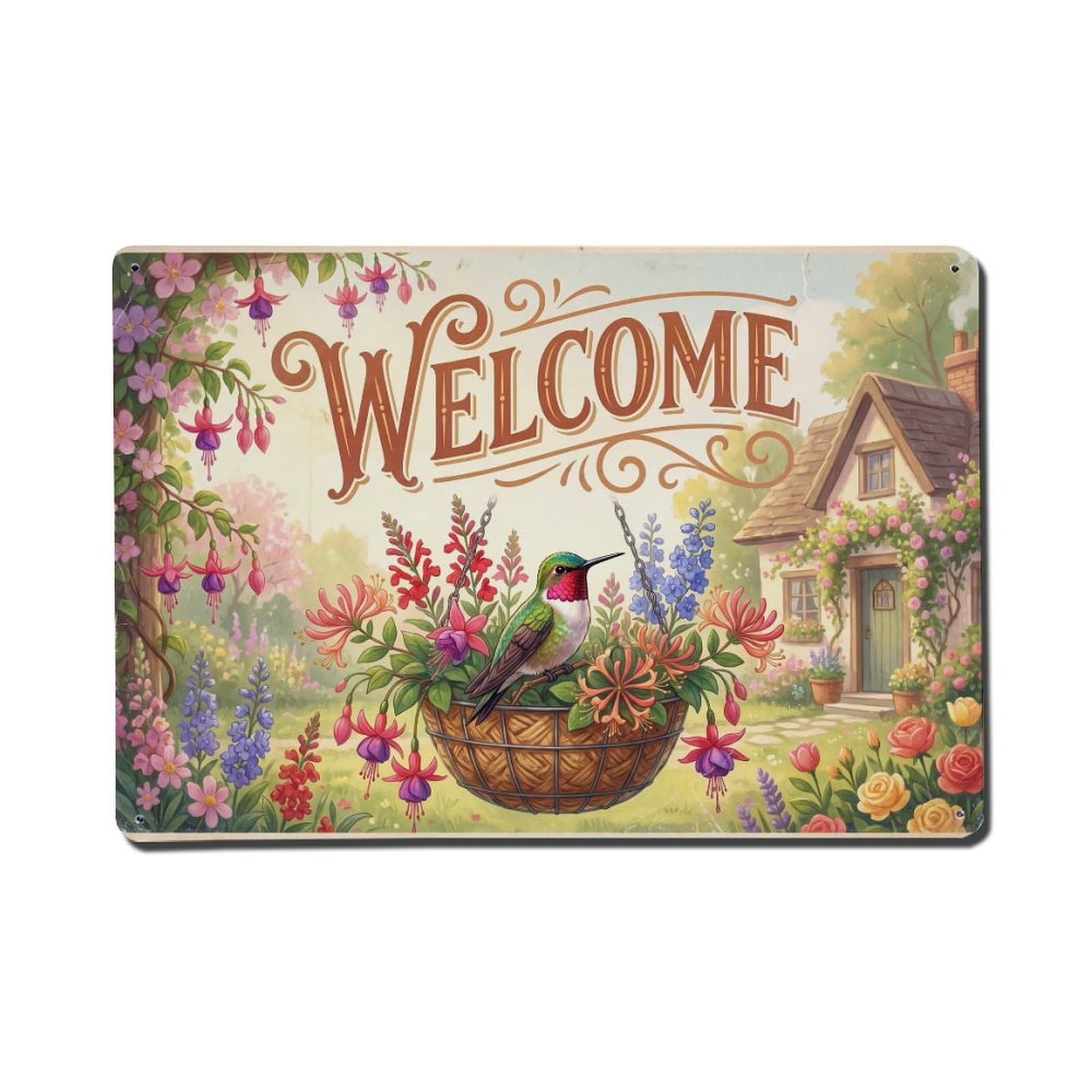 Vintage Welcome Hummingbird Blooming Season Metal Tin Sign