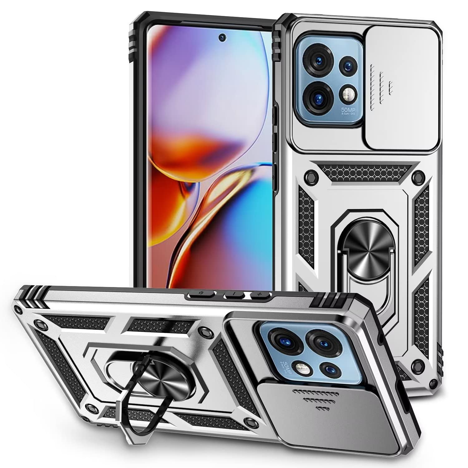 ESONG Case for Moto X40/X40 Pro/Motorola Edge 40 pro/Edge+ 2023,Military Grade Drop Protection Cover[Camera protector/Magnetic Ring Stand]Upgraded PC/TPU Shockproof Protective Phone Case,Silver