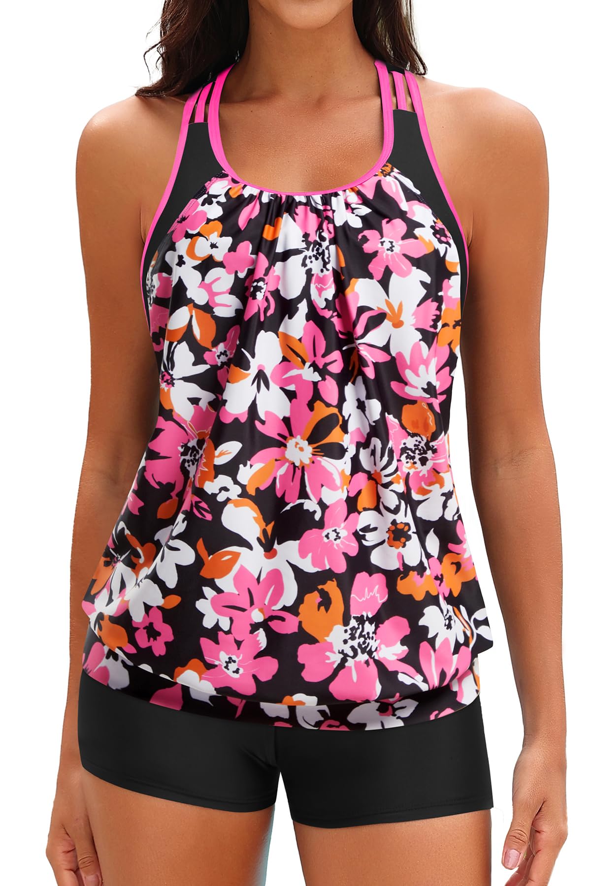 Yonique Two Piece Tankini Swimsuit T-Back Blouson Tankini with Shorts