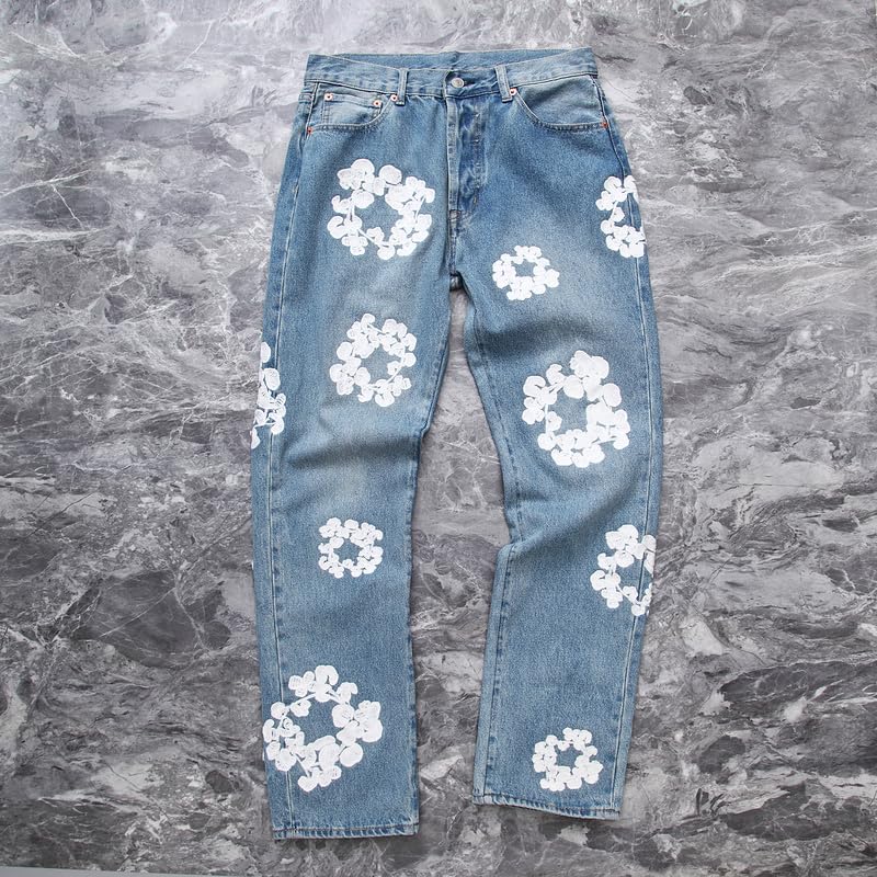 GenericEmbroidered Kapok Jeans Men Women 1:1 Vintage Washed Heavy Fabric Denim Jeans (8, M-32)