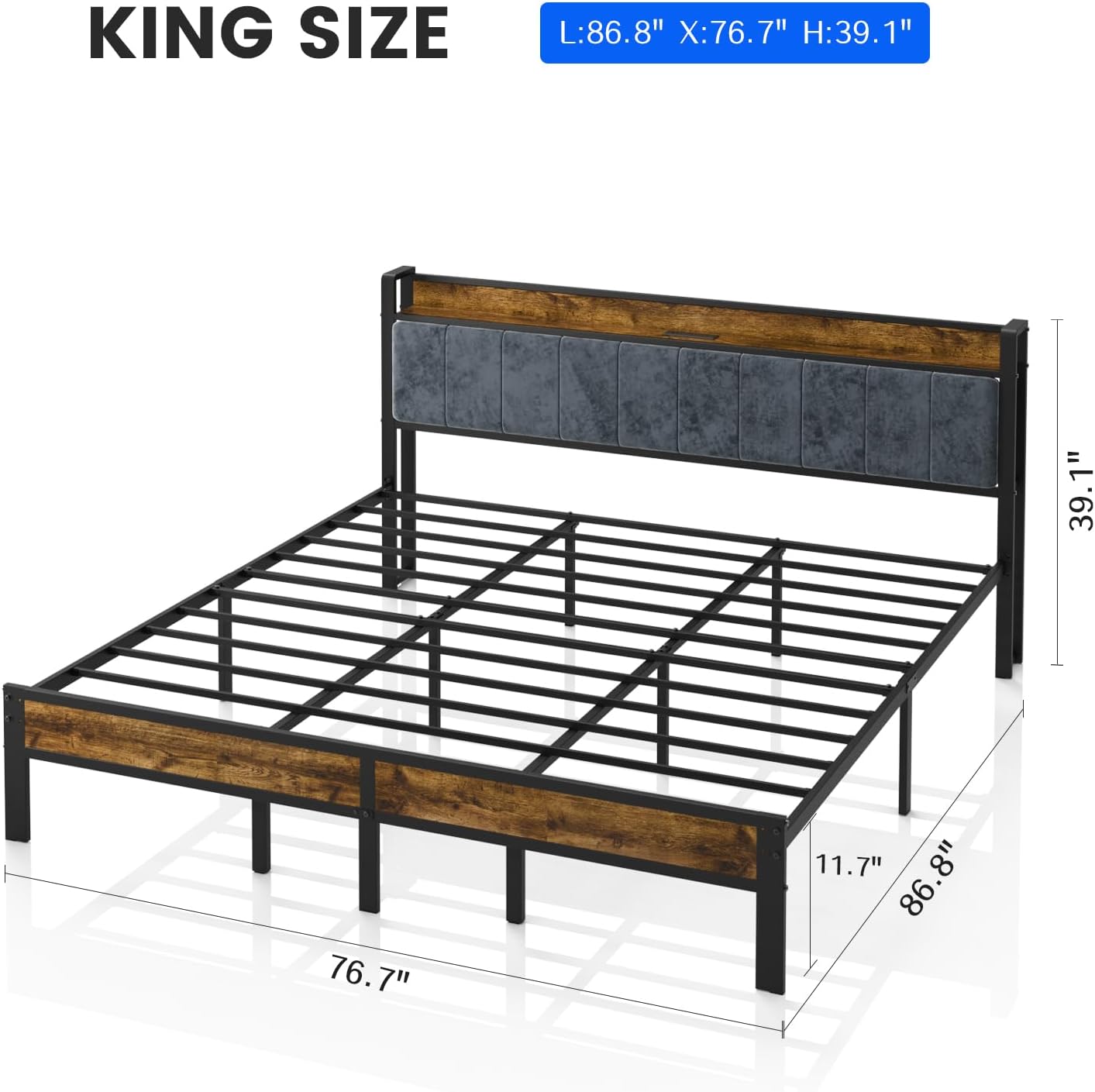 ALBERTO King Size Bed Frame with LED Lights and Charging Station, Upholstered Storage Headboard, Metal Platform Bed Frame with Slats, No Box Spring Needed, Easy Assembly