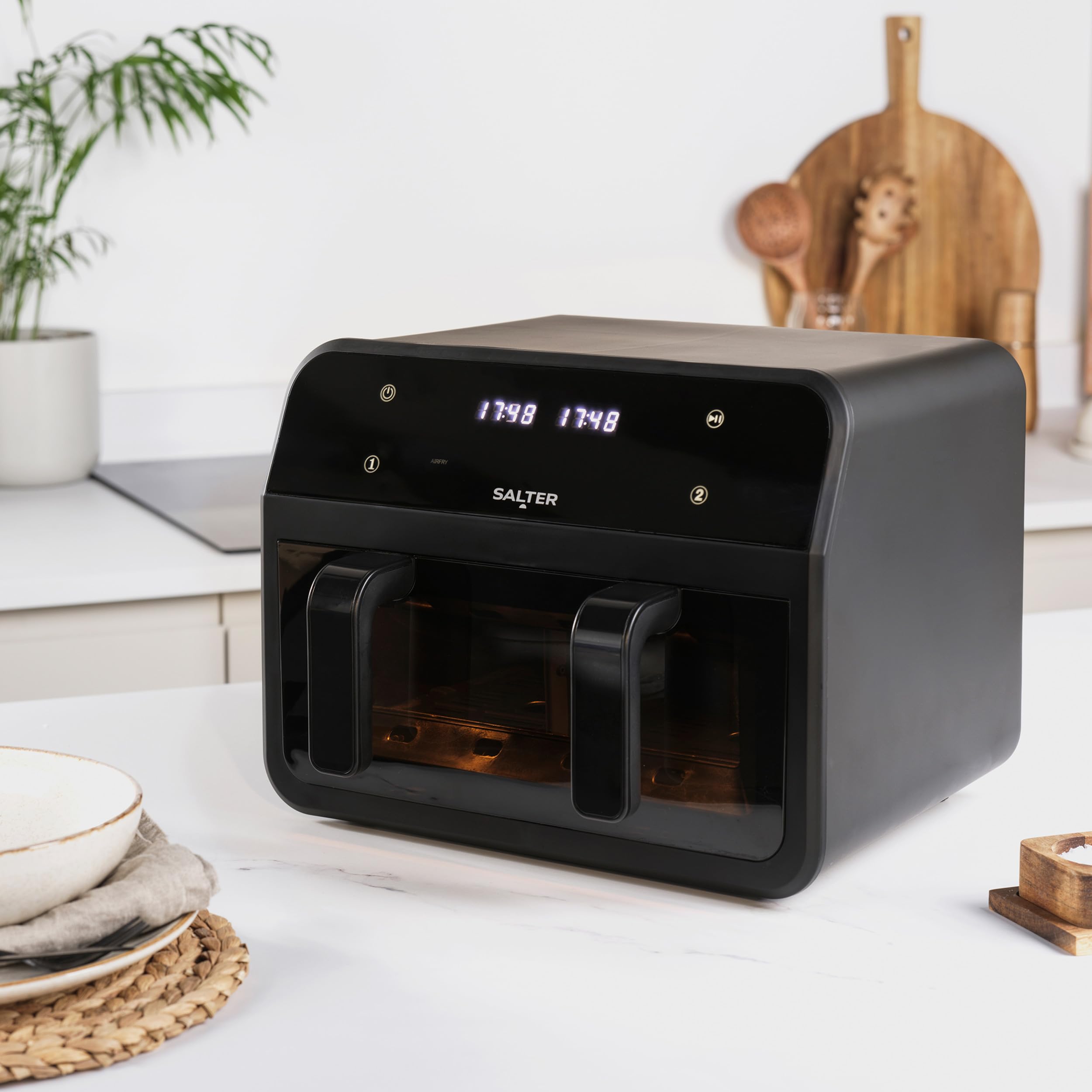Salter Dual View Friteuse à air – Plaque de cuisson antiadhésive de 7 L avec séparateur amovible, grande capacité familiale, fenêtre de visualisation, numérique à LED, 6 fonctions, 2300 W
