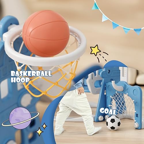 Miniatura 3 de KORIMEFA Juego de toboganes y columpios 5 en 1 para niños, tobogán para niños pequeños con aro de baloncesto, columpio, parque infantil interior y