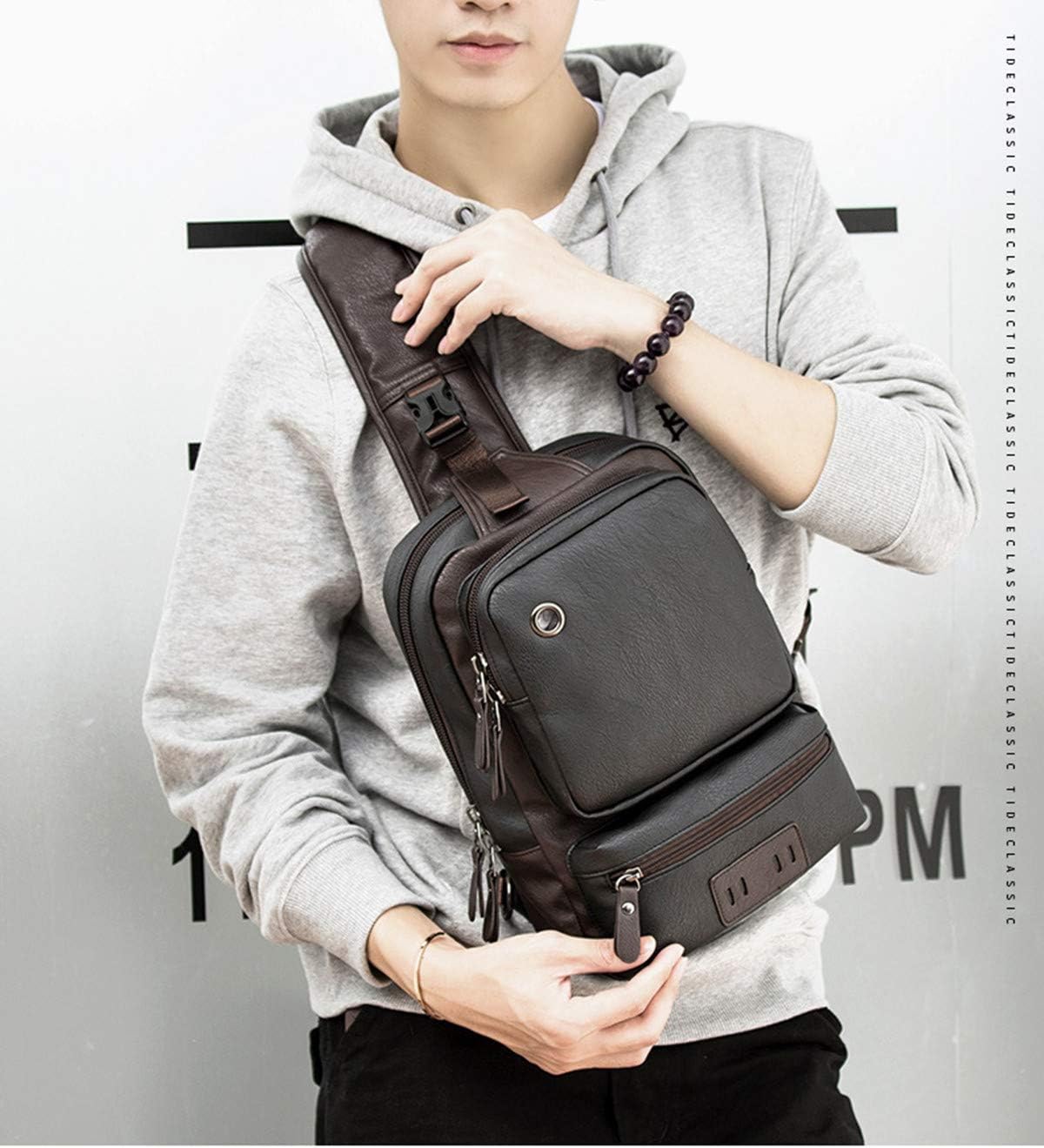 Men's Leather Sling Bag Chest CrossBody Bag Casual Backpack for 11 Inch Ipad Pro