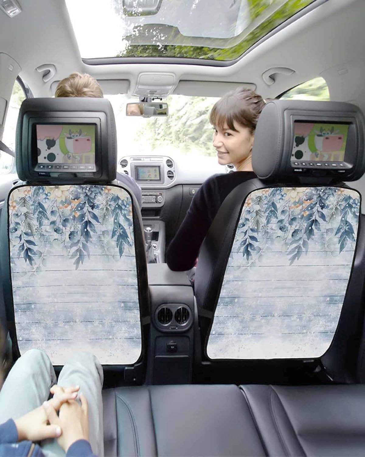 Car Seat Protector, 2 Pack Kick Mats with Organizer - 3 Pocket Storage, Blue Christmas Flower Holly Eucalyptus Wood Grain Back Seat Cover for Kids Universal Fit Automotive Interior Protectors