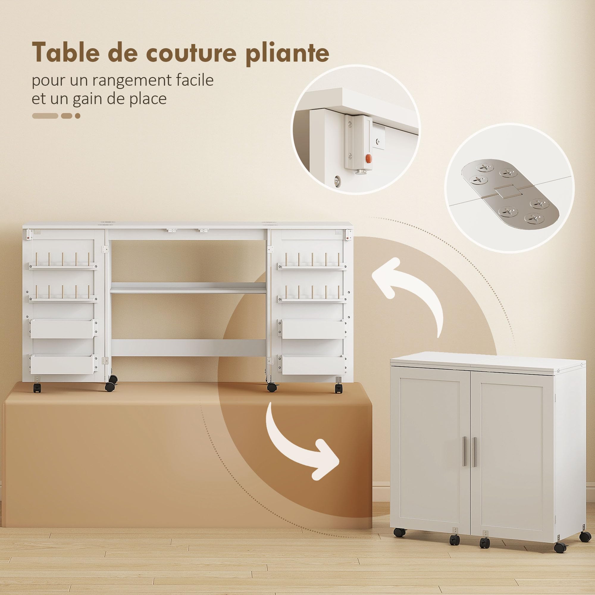 HOMCOM - Mesa de costura plegable, mueble de costura con ruedas con 2 puertas magnéticas, 4 bandejas, 20 ganchos y estante de almacenamiento, mueble máquina de coser para salón, oficina, estudio