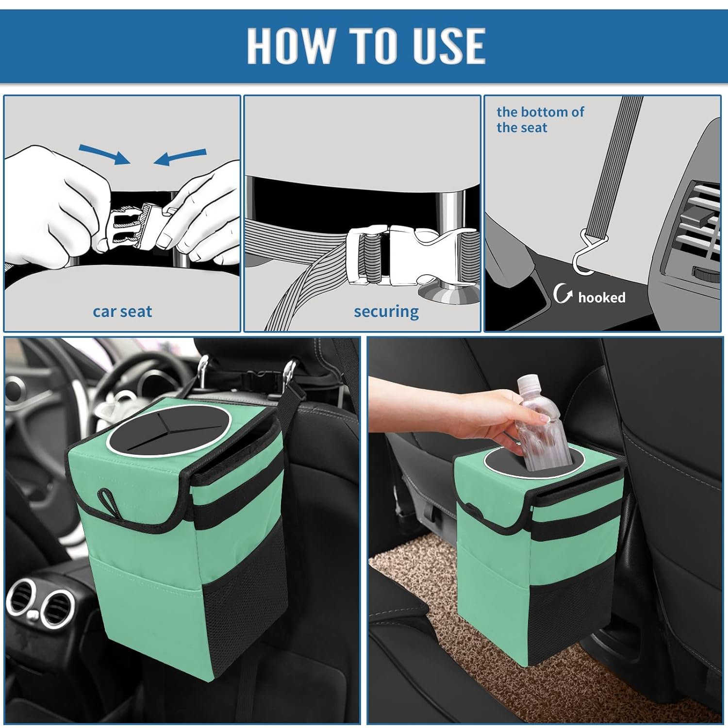 Car Trash Bin Waterproof Garbage Can with Lid Mint Green Trash Can for Cars SUVs Trucks - Multipurpose Car Garbage Bag Hanging for Headrest Portable with Storage Mesh Pocket