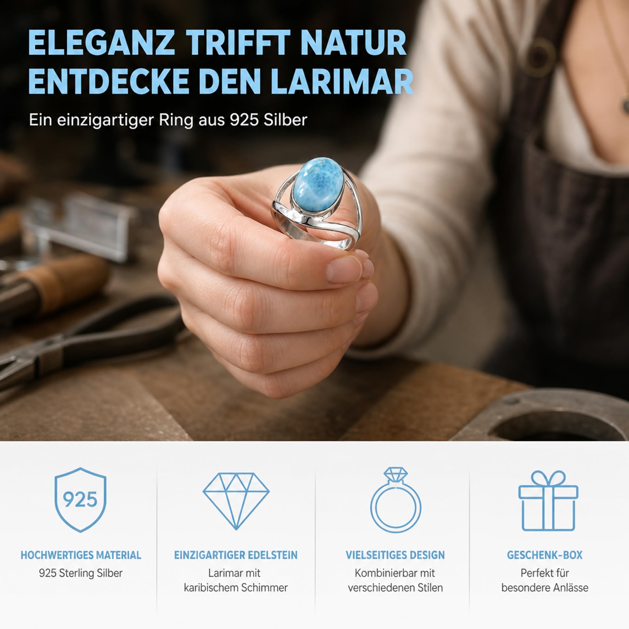 I-be, Larimar pierścionek z kamieniem szlachetnym owalny, srebro 925, w etui na prezent, 103012-2B/10x14