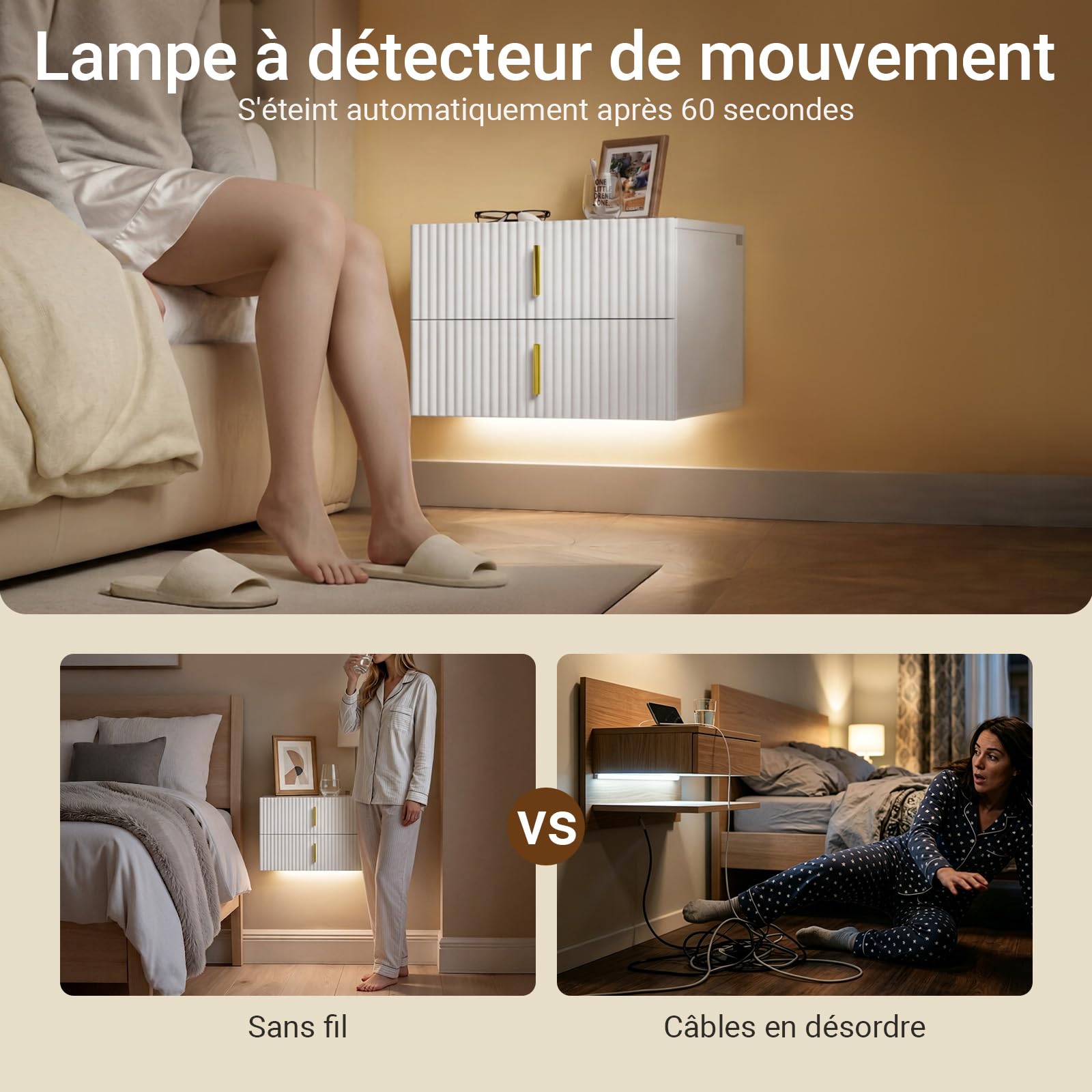 SoBuy Table de Chevet Suspendue Lampe LED détecteur, 2 tiroirs 40x30x30