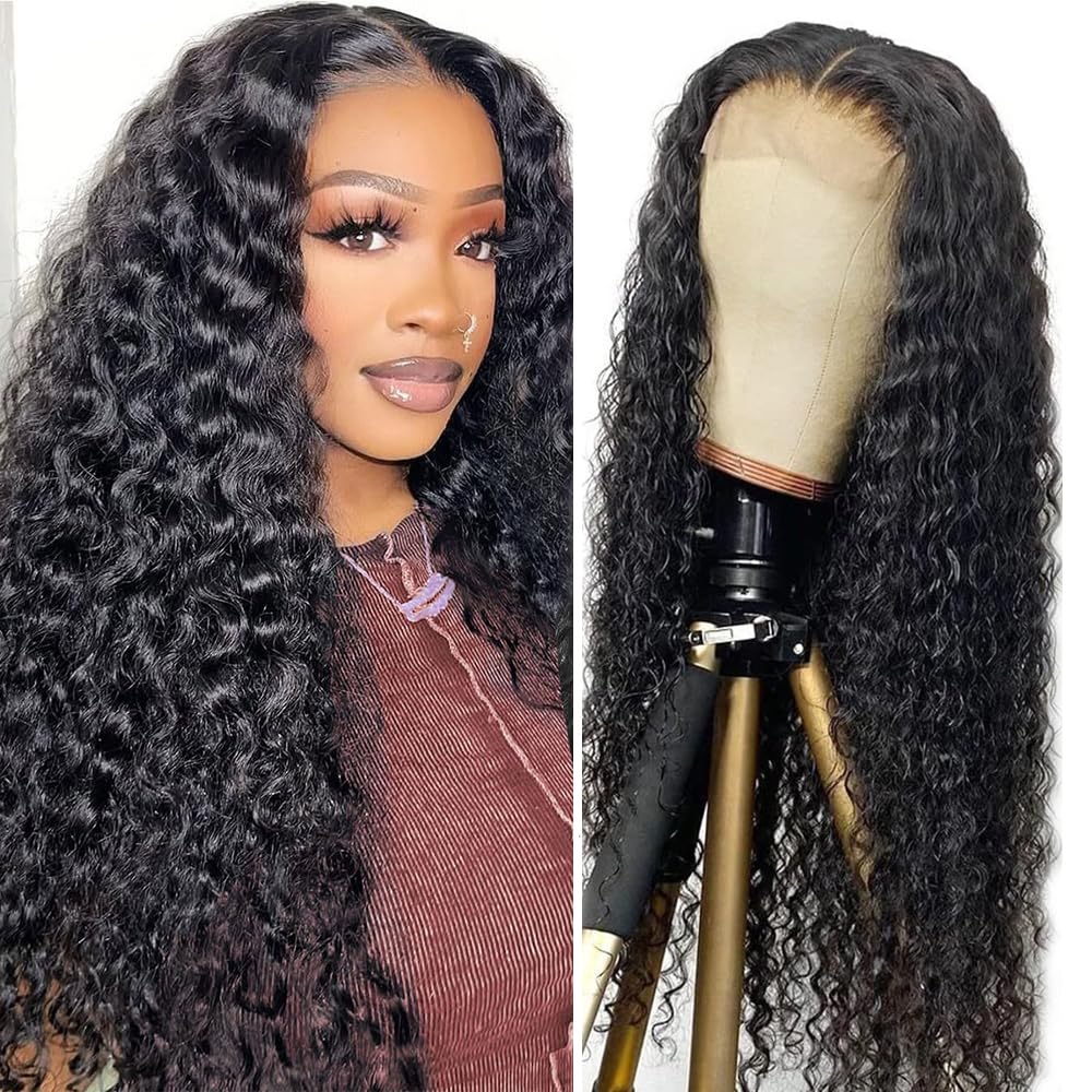 Weeybay 4x4 Lace Front Wigs 28 Inch #1B Natural Black Color Water Wave HD Transparent Doules Weft Unprocessed Virgin Human Hair Wig For Women 180% Density