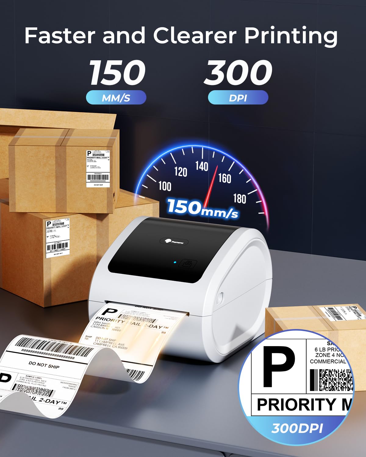 Phomemo Ethernet Stampante Etichette Spedizione, Stampante Termica Etichette da 300dpi per imprese, Supporta Ethernet, Bluetooth e USB, Compatibile con Amazon, Vinted, BRT, UPS, Bianco
