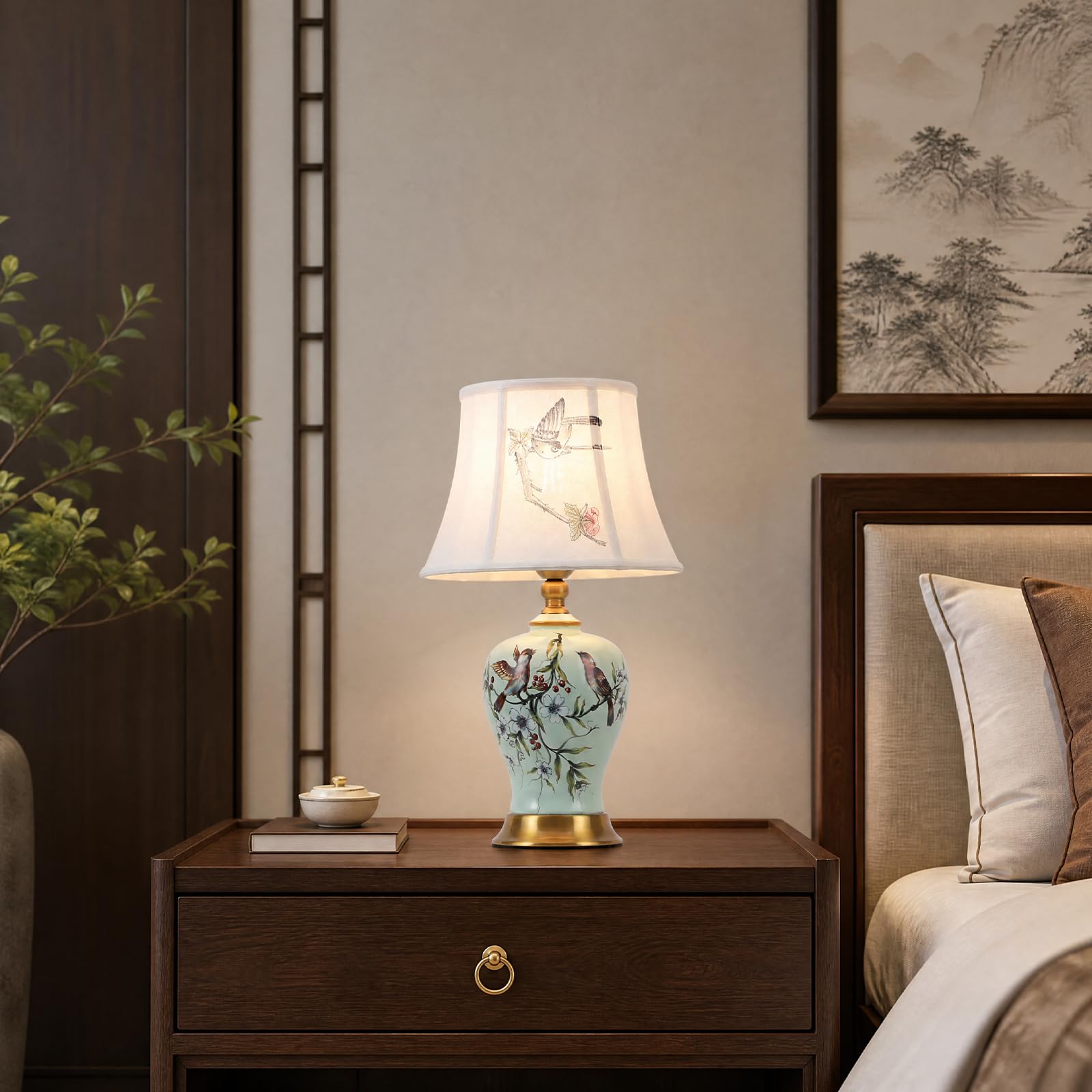 Tischlampe Retro Keramik, Stoff-Nachttischlampe, Vintage-Leselampe für das Schlafzimmer, weißer Lampenschirm, Schreibtischlampe im modernen Stil, E27-Nachttischlampe für Hotel,Wohnzimmer(H 52CM)