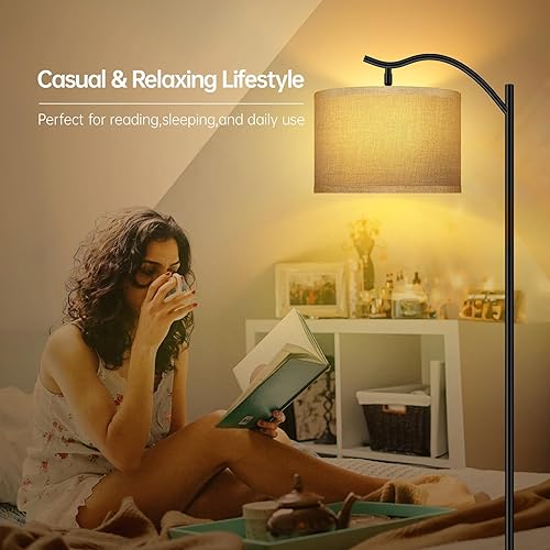 Miniatura 3 de BoostArea Lámpara de pie para sala de estar, lámpara arqueada LED de 9 W, altura moderna con pantalla de lino de tela, 3 niveles de brillo, enchufe