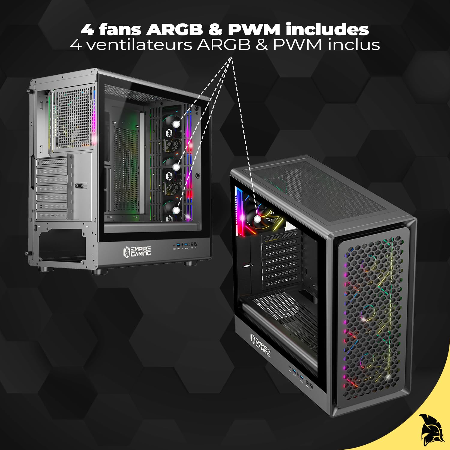 EMPIRE GAMING EC257 Case PC Gaming Mid Tower ATX/mATX/ITX, Frontale Mesh Airflow, 4 Ventole ARGB 120 mm Preinstallate con HUB PWM, Vetro Temperato, GPU 420 mm, Watercooling 360 mm，USB C