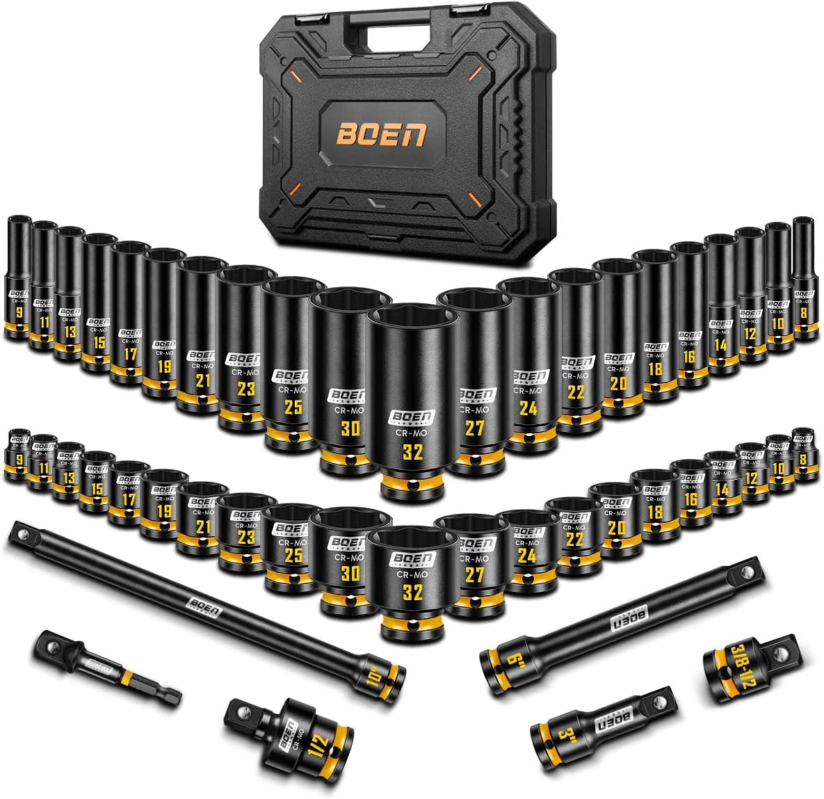 boen 48PCS 1/2” Drive Metric Socket Set, Impact Deep&Shollow Socket(8mm-32mm), for Lug Nut Use, 6-Point with Yellow Embossed Marking, CR-MO