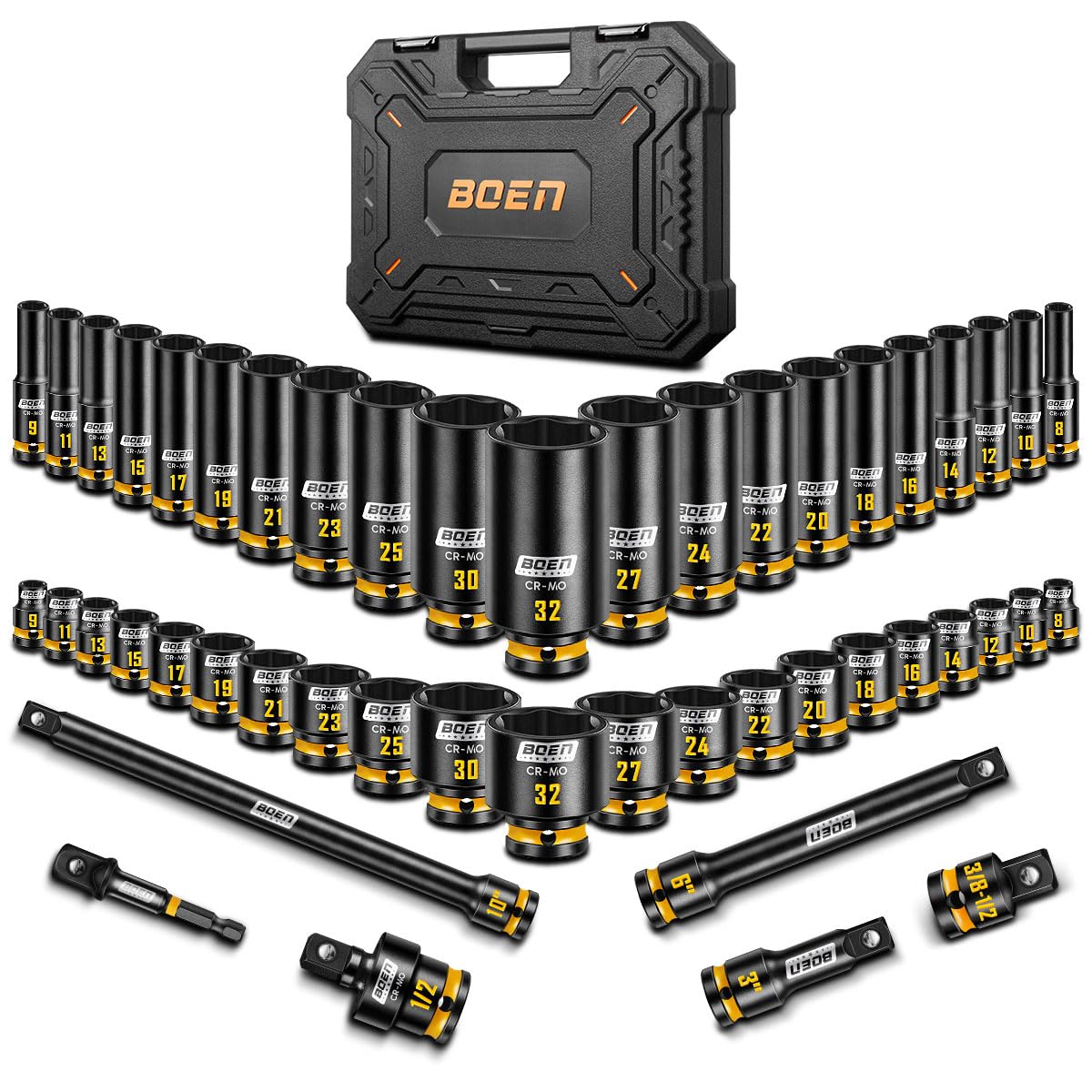 boen 48PCS 1/2” Drive Metric Socket Set, Impact Deep&Shollow Socket(8mm-32mm), for Lug Nu…