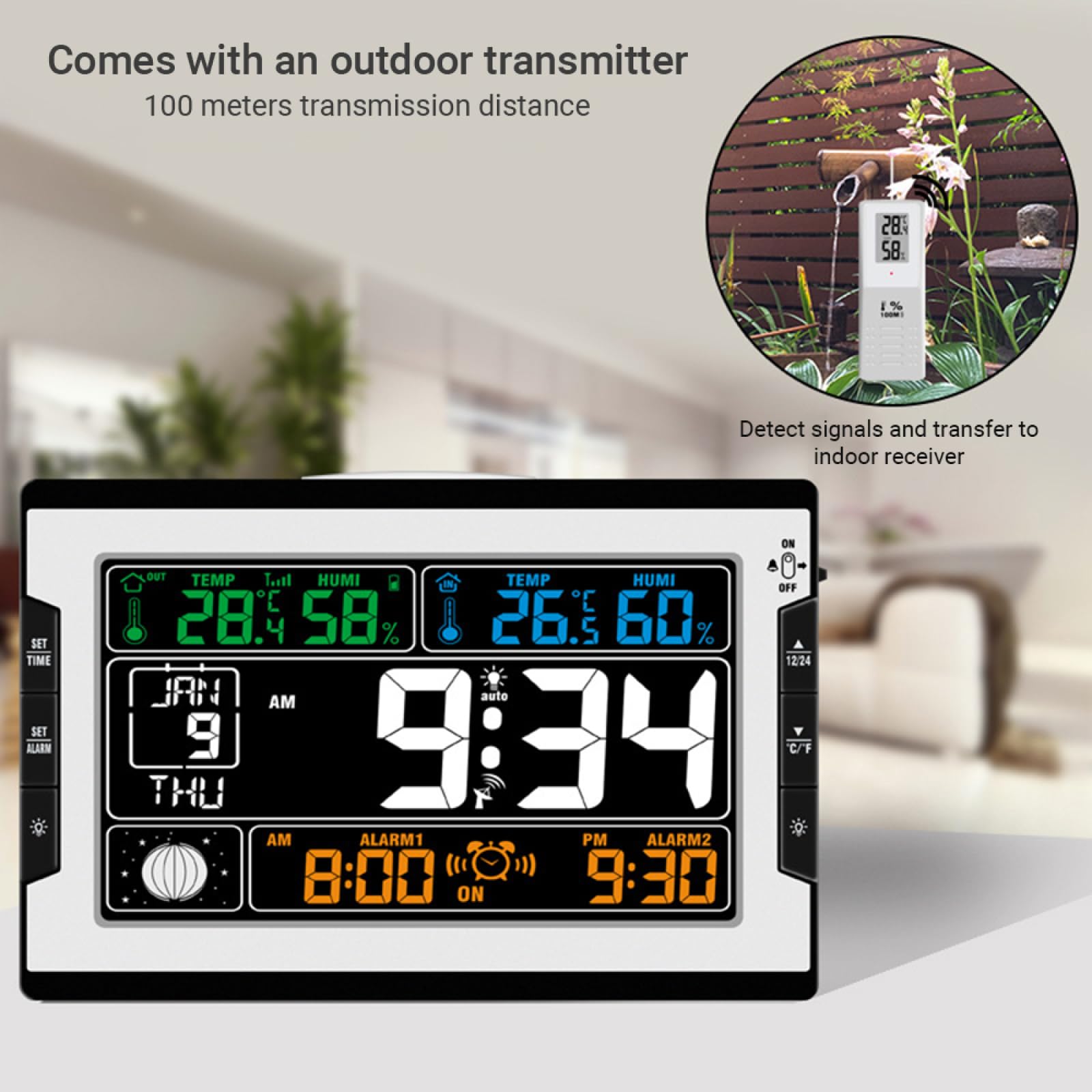 Orologio Digitale per Temperatura Interna ed Esterna, umidità, termoigrometro, igrometro, Ampio Display a Colori, retroilluminazione, Calendario perpetuo, Fase lunare, Allarme