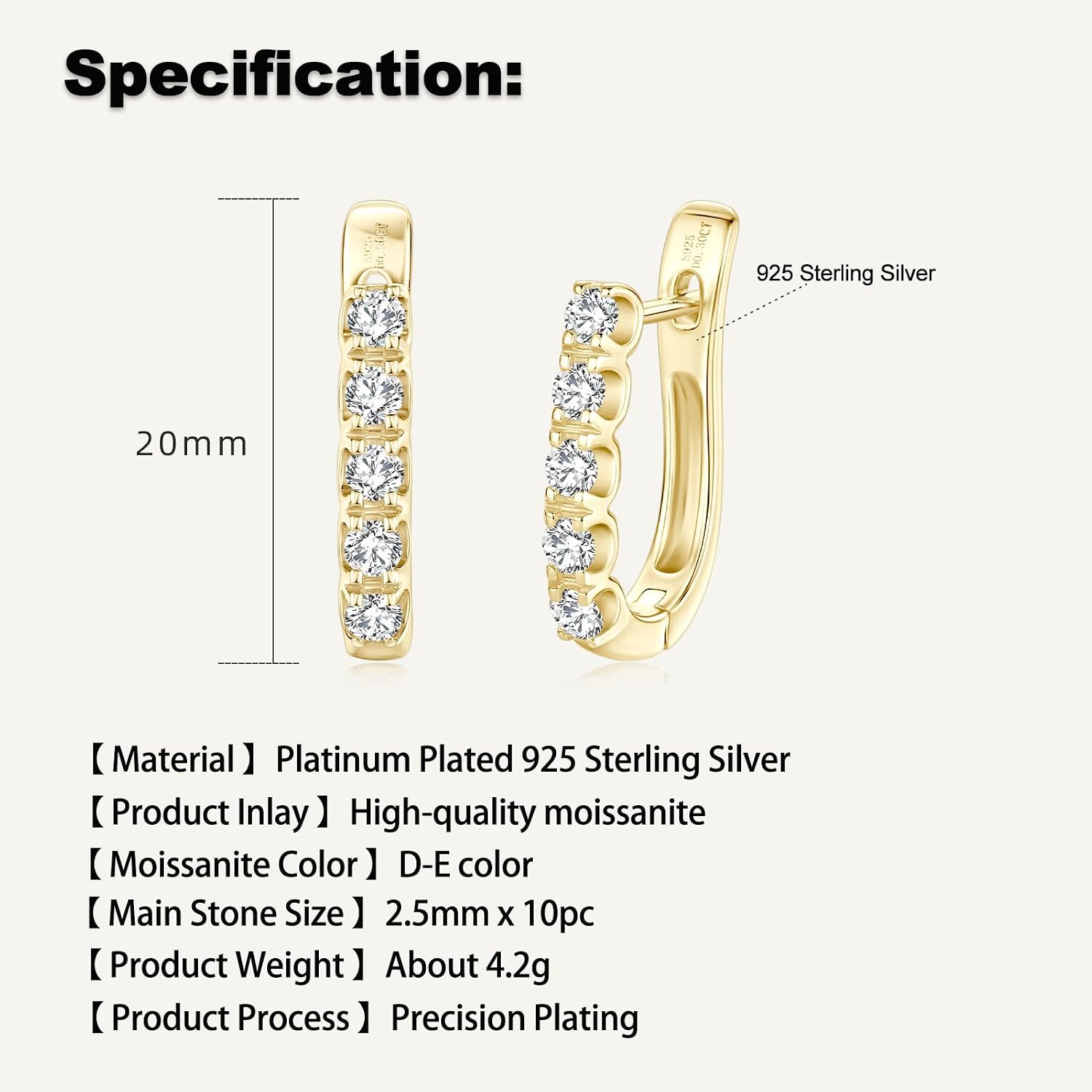 5-Stone Moissanite Hoop Earrings, 0.66cttw D Color Round Cut Moissanite, 925 Sterling Silver U-shaped Earrings Elegant Jewelry Gifts for Women