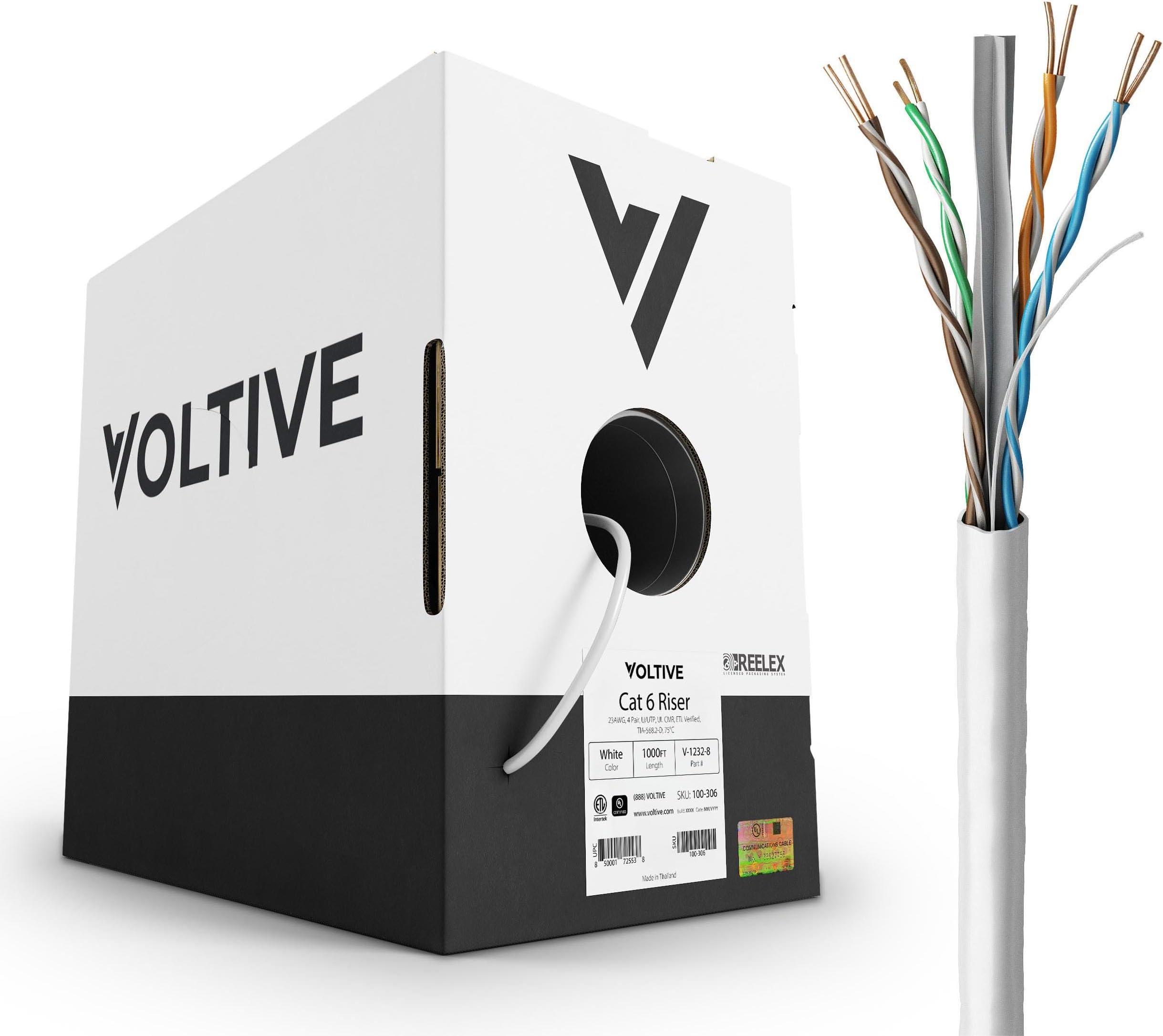 Voltive Cat6 Ethernet Cable, Riser (CMR), White, 1000ft - 23AWG 4 Pair Solid Bare Copper, UTP, 600MHz, UL Certified & ETL Verified - V-1232-8