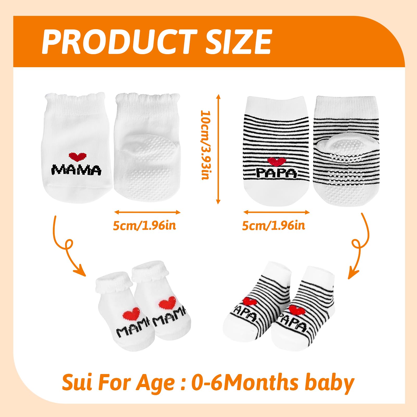 Baby Socken 0-6 Monate, 2 Paar Baumwolle Anti Rutsch Socken, "Ich Liebe Mama + Ich Liebe Papa" Muster, Ideal für Neugeborene