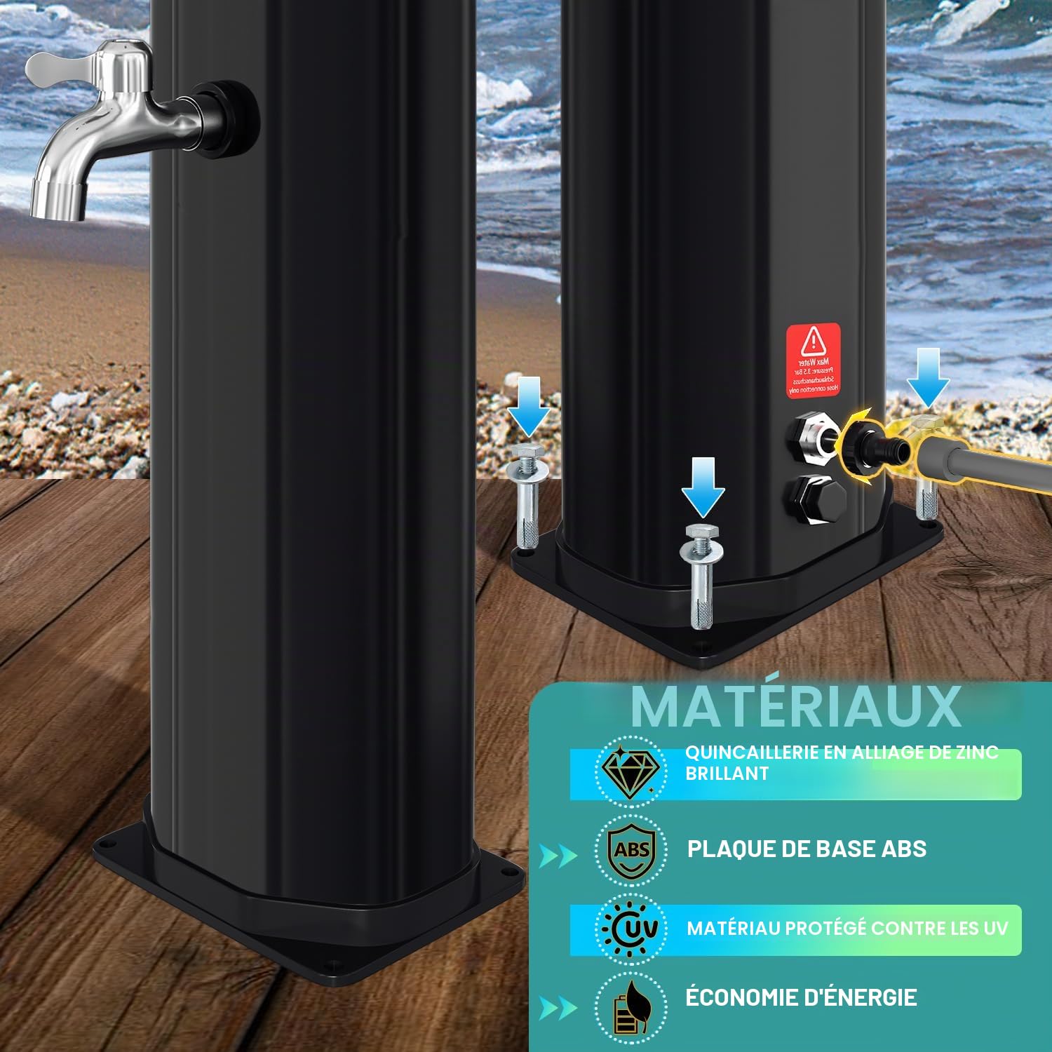 Randaco Douche Solaire de Jardin - Eau Chaude jusqu'à 60 °C - sans raccordement électrique - Douche de Piscine - Camping avec douchette à Pied et douchette à Main - Tête de Douche à Effet Pluie