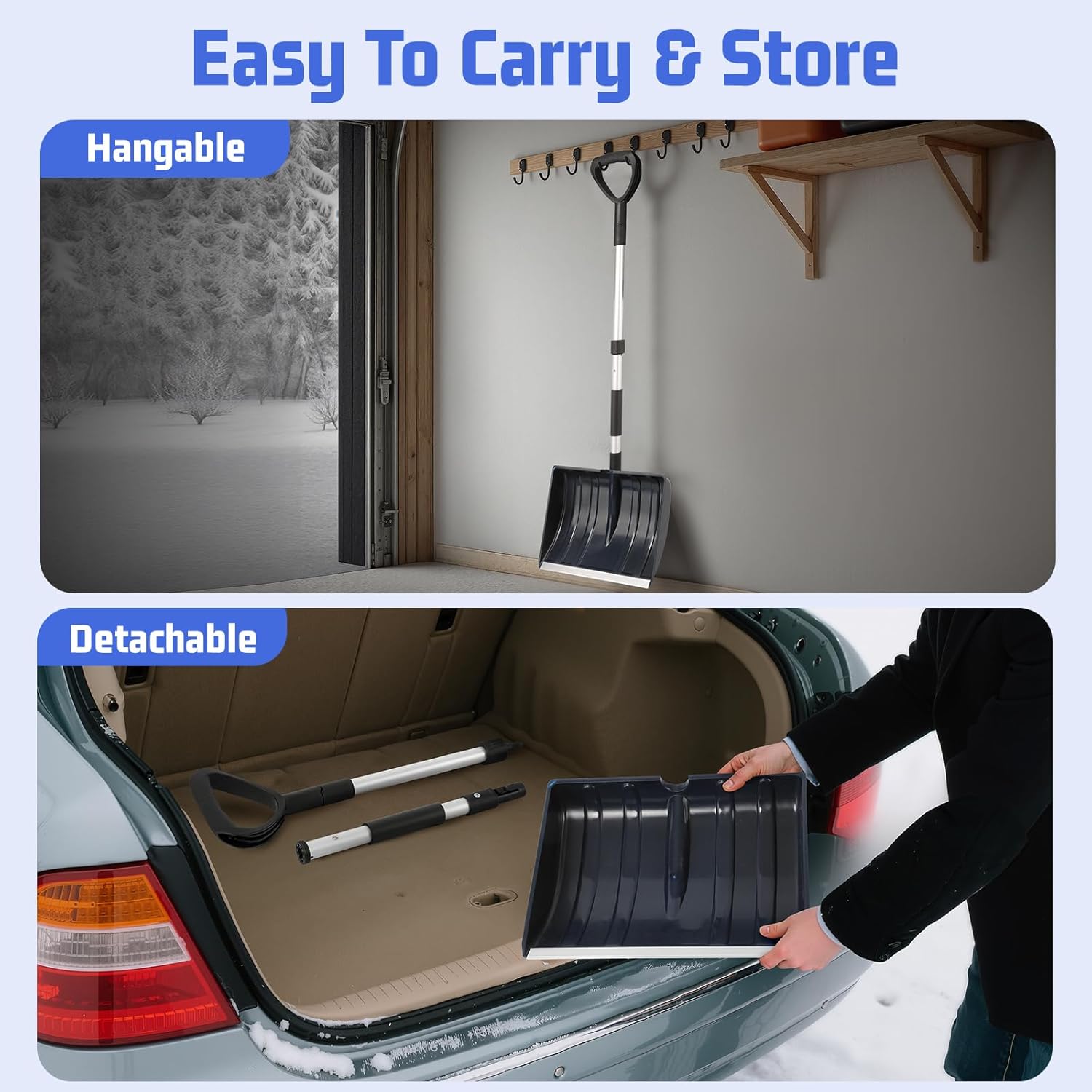 Snow Shovel for Driveway Car Garage, 47 Inch Portable Lightweight Snow Removal with D-Grip Handle, Non-Slip Sponge and Durable Aluminum Blade for Garden Car Camping Outdoor (Black)