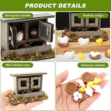 Miniature Chicken Coop Set, 13 Pieces, Wooden Coop with Hens, Chicks, Eggs and Nests, Farmhouse Decor for Fairy Gardens, DIY Mini Landscapes & Home Decor