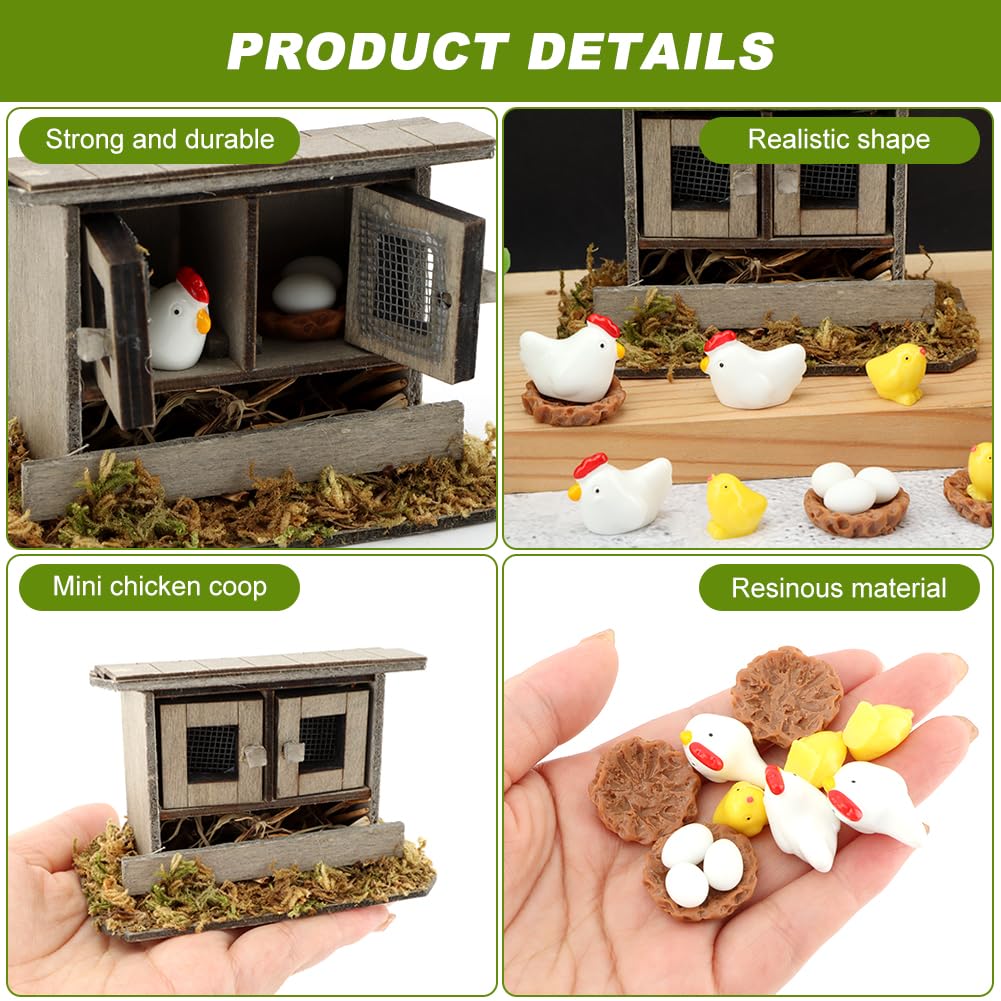 Set di pollai in miniatura, 13 pezzi, in legno, con galline, pulcini, uova e nidi, decorazione per giardini fatati, mini paesaggi fai da te e decorazioni per la casa