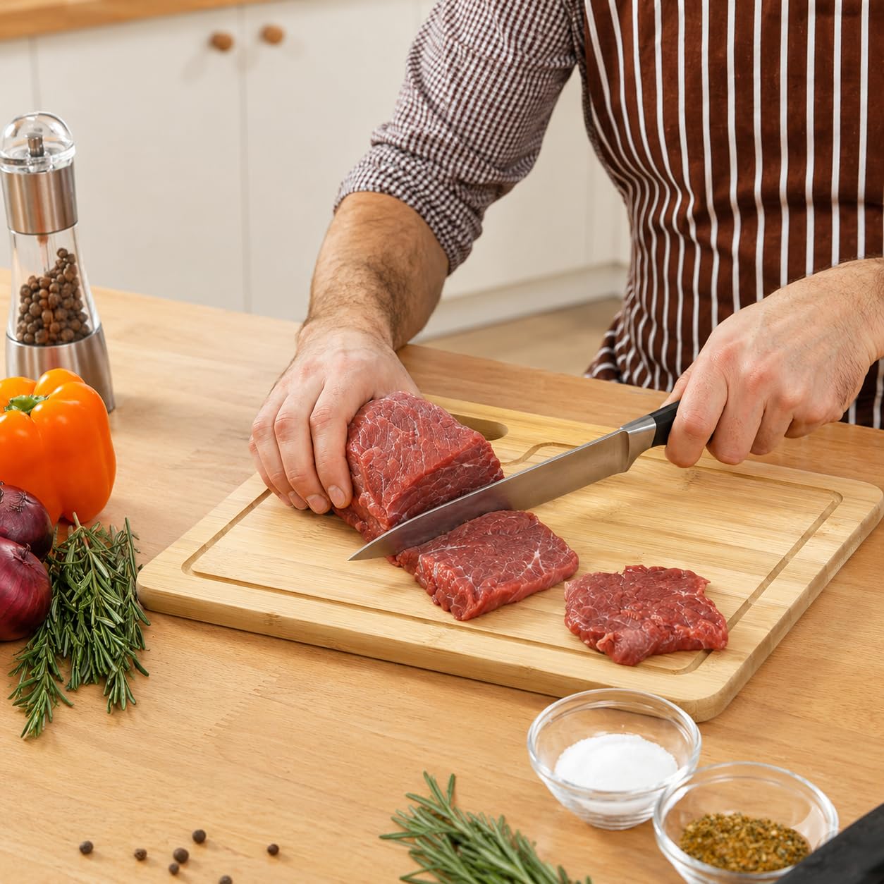 ZENFUN Set di 4 taglieri in bambù con supporto, set di taglieri in legno, set di taglieri con icone alimentari, tagliere da cucina ideale per carne, pesce, pane, verdura, frutta
