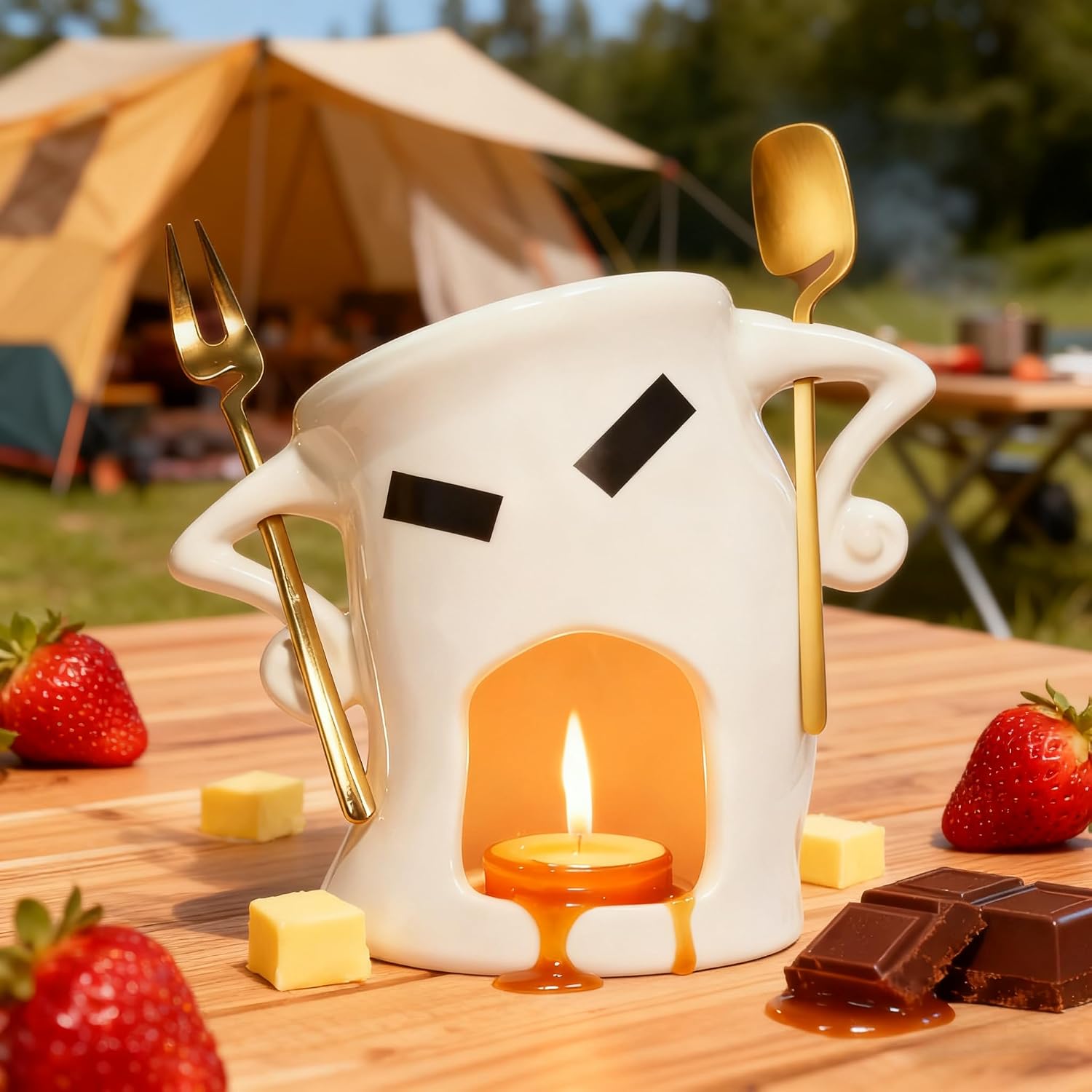 White Ceramic Fondue Cup Set w/Built-In Fork & Spoon