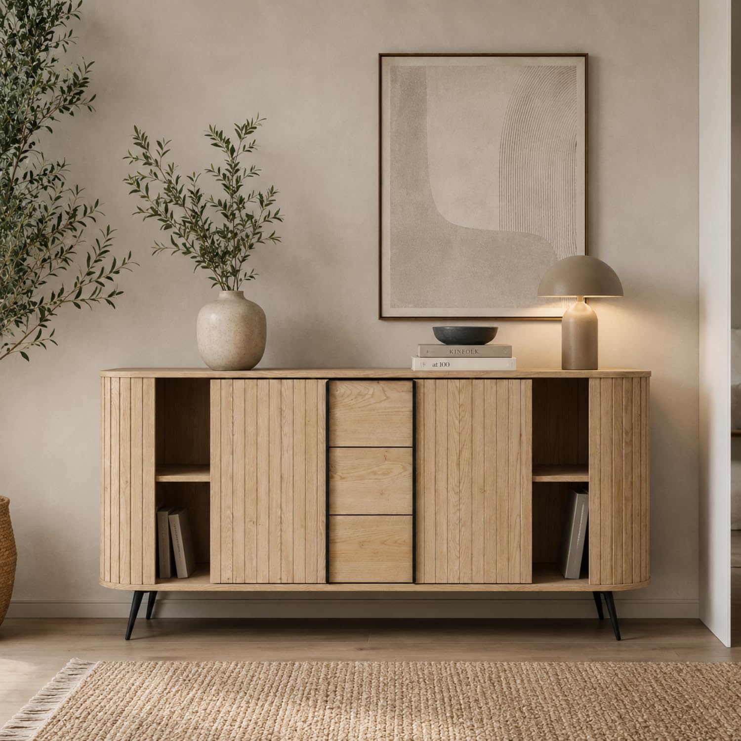 Credenza Madia Moderna Con 2 Ante 3 Cassetti Ripiani Interni E Piedi In Metallo Nero Per Soggiorno Sala Da Pranzo Salotto Design Scandinavo 196 X 40.2 X 81.8 Cm Rovere