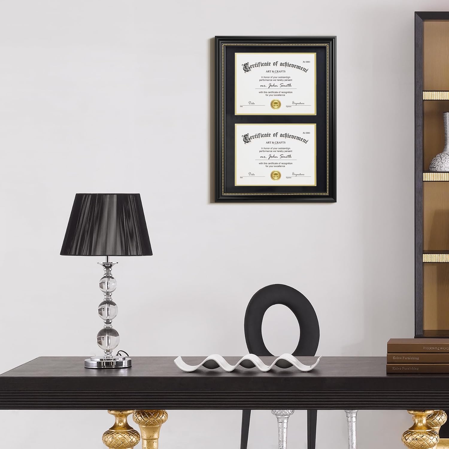 Yaetm Vertical Double Diploma Frame 14x20 for Two 8.5x11 Certificates, Degrees, Documents, Tempered Glass with Black Over Gold Acid-free Mats, Dual Diploma Frames, Black Gold/Black