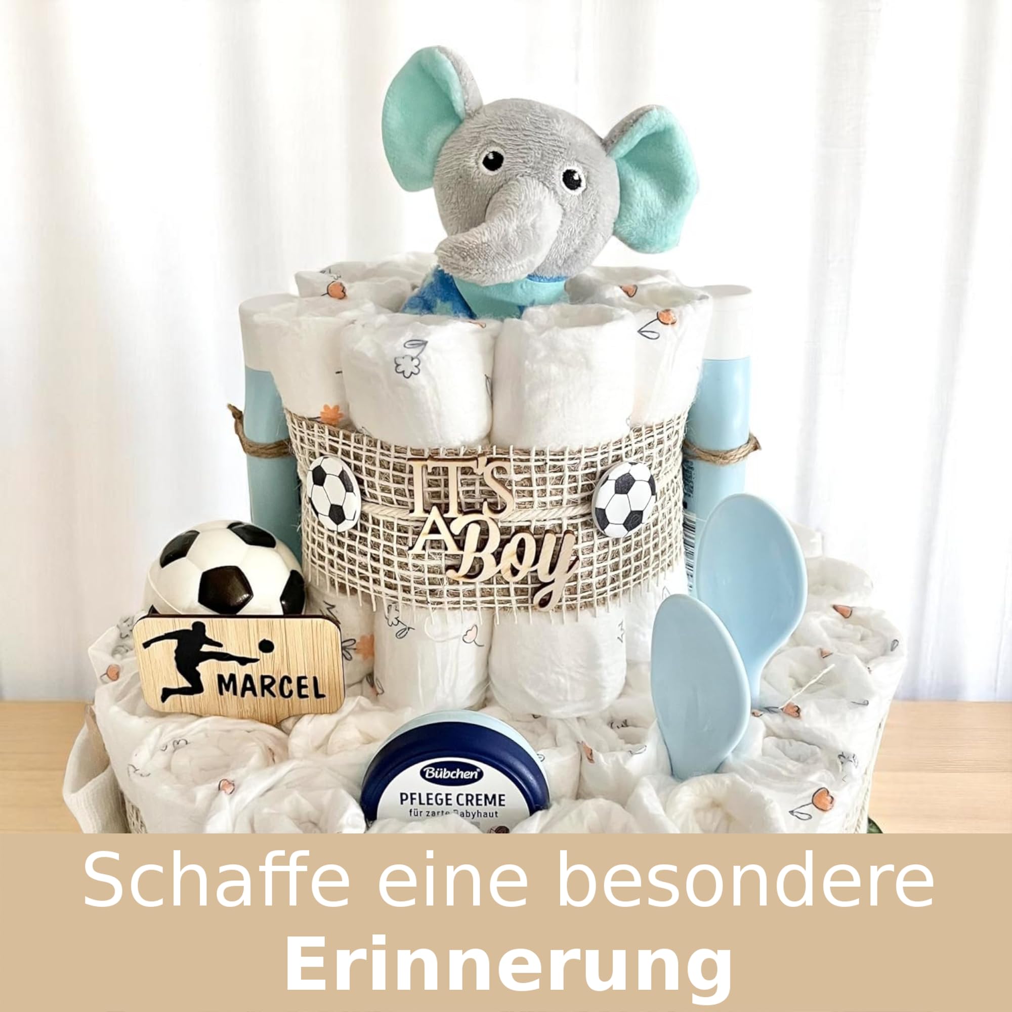 Windeltorte Fußball mit Elefant Socken Schnuller Löffel und mehr, für Jungen & Mädchen, Babytorte für Babyparty Babyshower Gender-Reveal, Namen personalisierbar, Baby Party Deko Dekoration