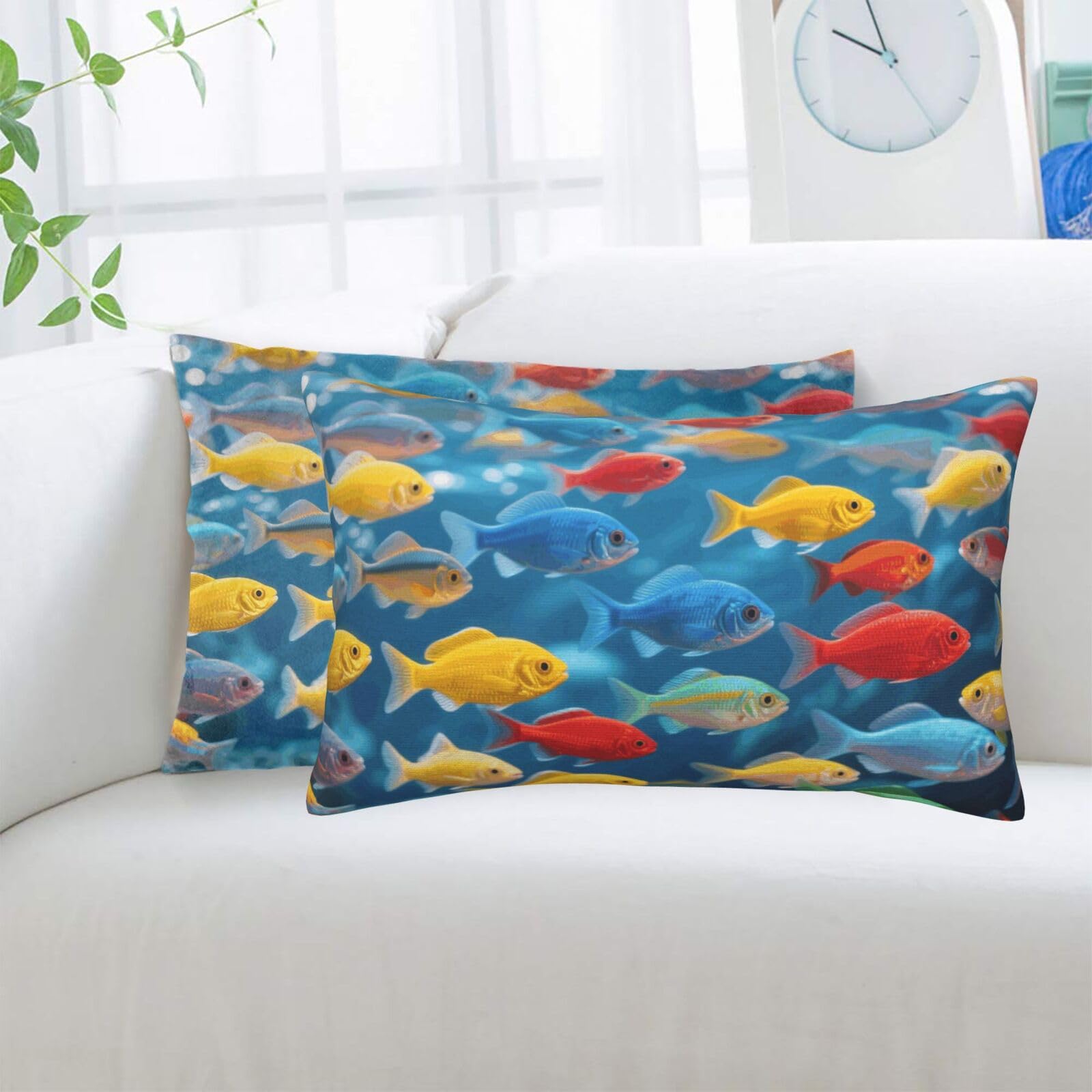 2 Pack Standard Pillowcases Sets, Ultra Soft Comfort Microfiber Plush Pillow Cases Sea Fishes Decorative Throw Pillow Cover with Hidden Zipper for Bedroom, Sofa, Couch,16"X24"