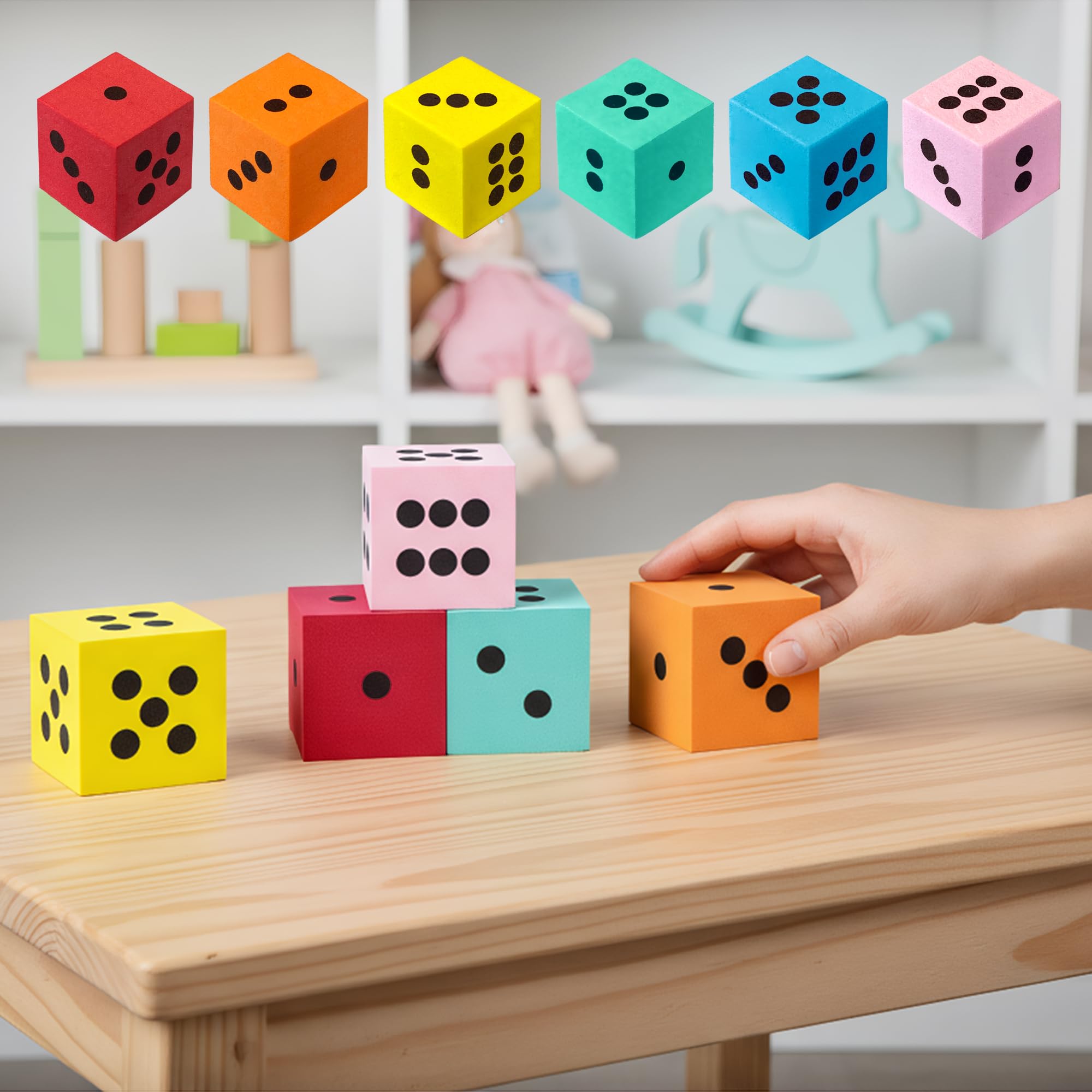 XIPEGPA - Juego de 6 dados de espuma grandes y coloridos con números para juegos de matemáticas, construcción de aula, entretenimiento educativo para fiestas, regalos de cumpleaños en 6 colores (2.4