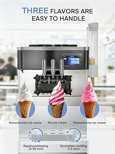 Miniatura 4 de Máquina de helado comercial de 5.8-7.9 galonesh, 3 sabores suaves con tolva de 14 L, máquina de helado de limpieza automática con panel LCD táctil