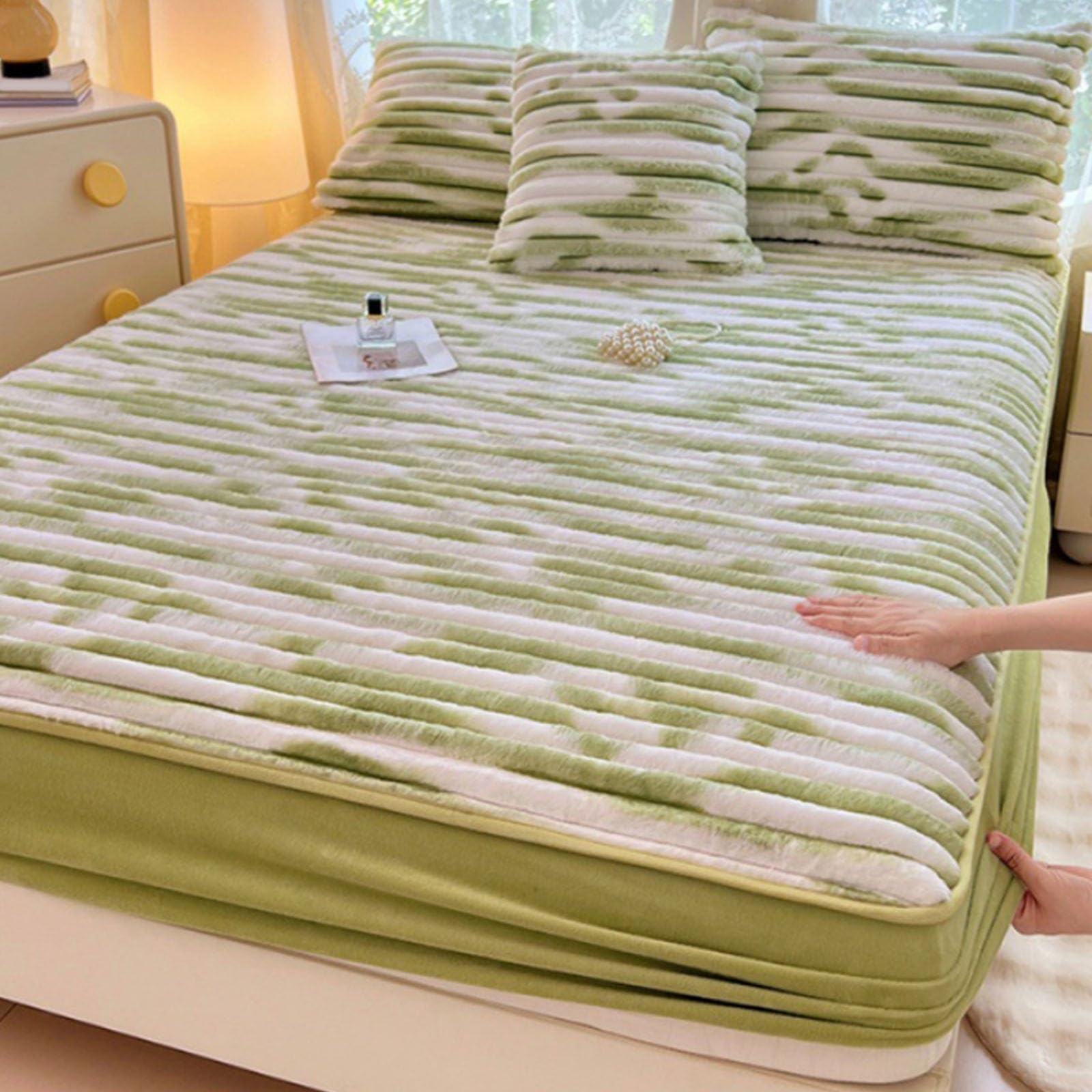 Sábana Ajustable De Felpa, Sábana Ajustable Suave Y Esponjosa Tamaño Queen, Sábanas Cálidas, Funda Protectora De Colchón Lavable a Máquina(Green,59.05x78.74in)