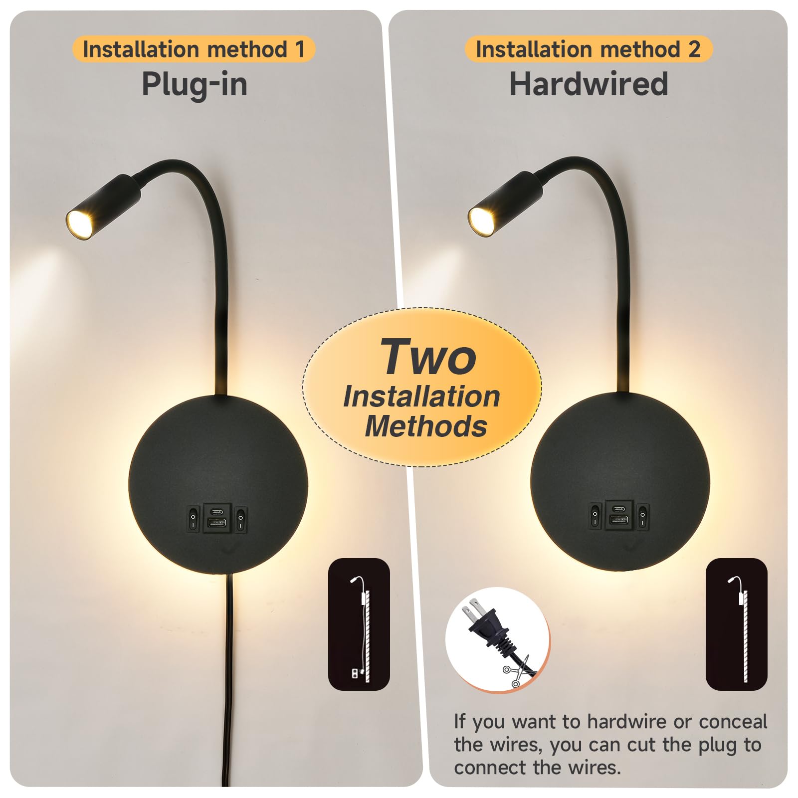 Wall Mounted Reading Light with USB & Type C Charging Port, Plug-in LED Headboard Reading Light - Image 4