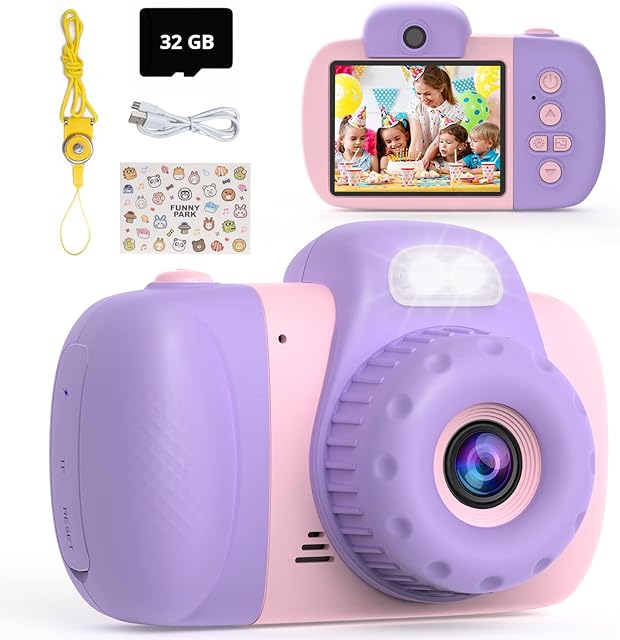 HAKPNEW Kids Camera, Digital Camera for kids with LED Fill Light, 32MP 1080P Rechargeable Selfie Camera Toy for 3 4 5 6 7 8 Years Old, Birthday Gift for 3-8 Years Old Boys Girls with 32GB SD Card-Pink