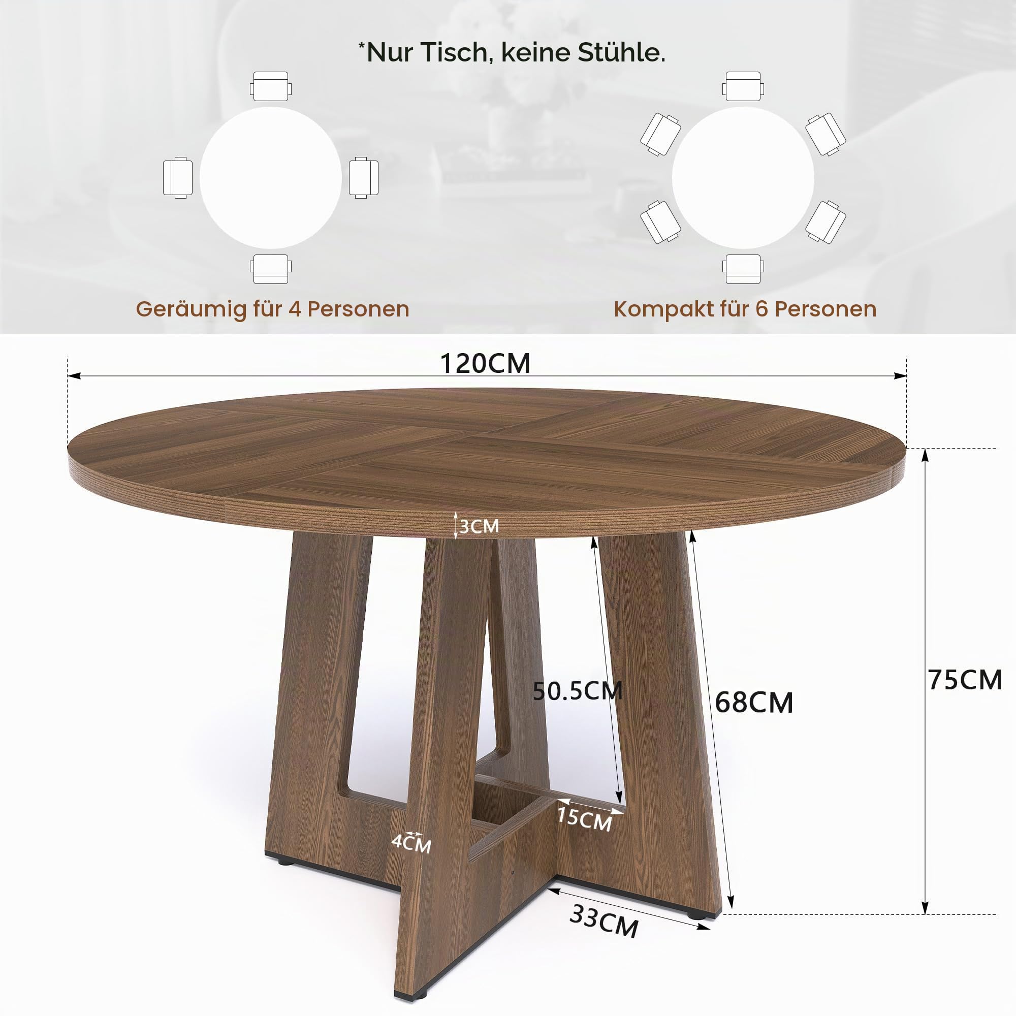 APICIZON Esstisch Rund für 4–6 Personen, Brauner Küchentisch, 120cm Esstisch Holz, Kein Wackeln, Langlebiger, für Küche und Wohnzimmer, einfach zu montieren (nur Tisch)