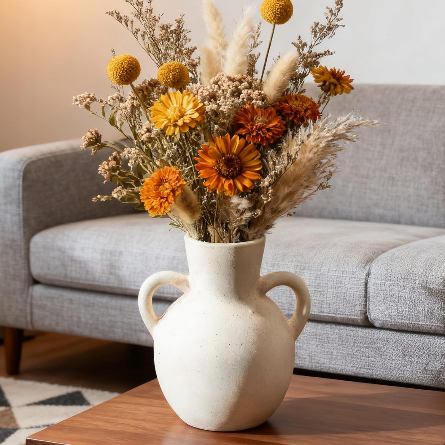 Rustic Ceramic Farmhouse Flower Vase with 2 Handles, Whitewashed Terra Cotta Vase, Decorative Pottery Flower for Home Decor, Table, Living Room, Shelf Decor, 7.3 Inch, White - Image 7