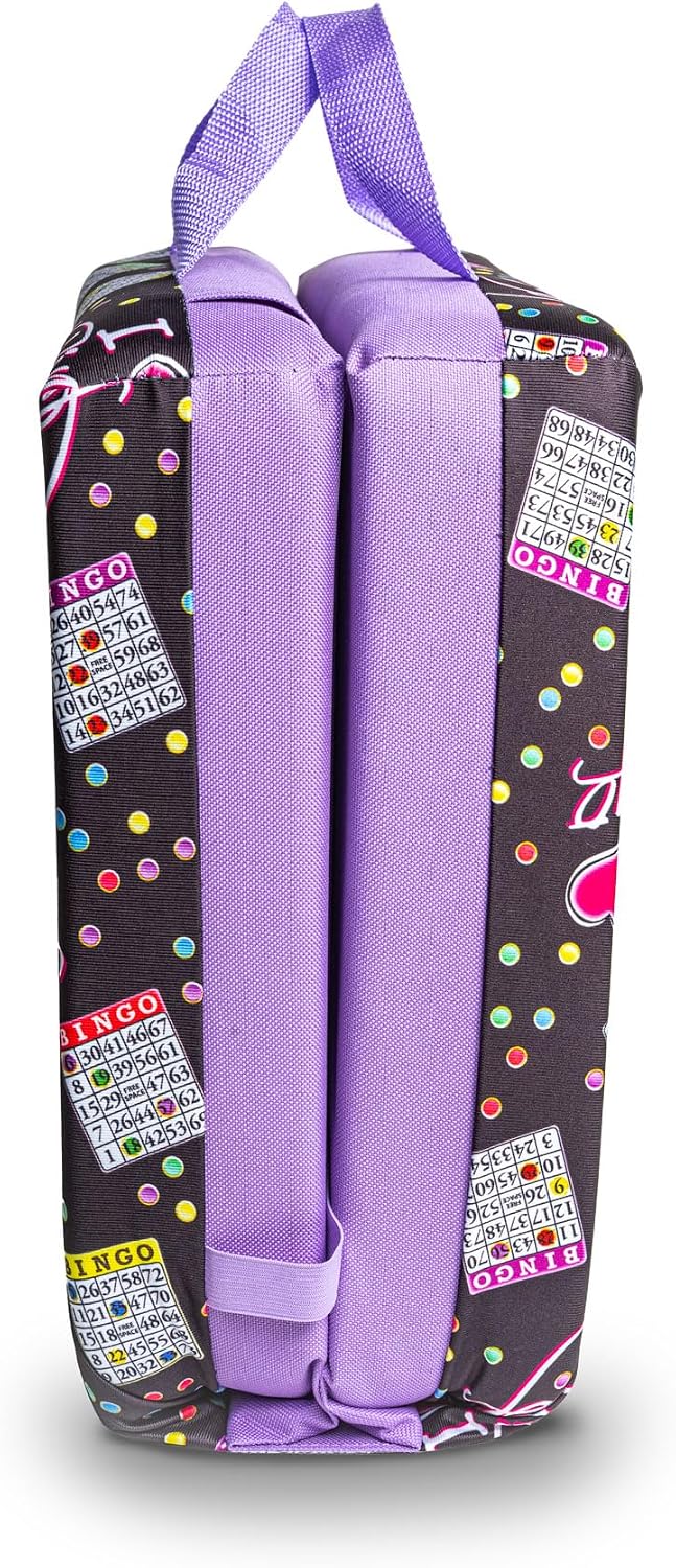 I Love Bingo Pattern Seat Cushion – Extra Thick 3” Bingo Pillow with Strap, Storage Pouch & Handles – Comfortable Folding Chair Cushion for Bingo Nights (Purple)
