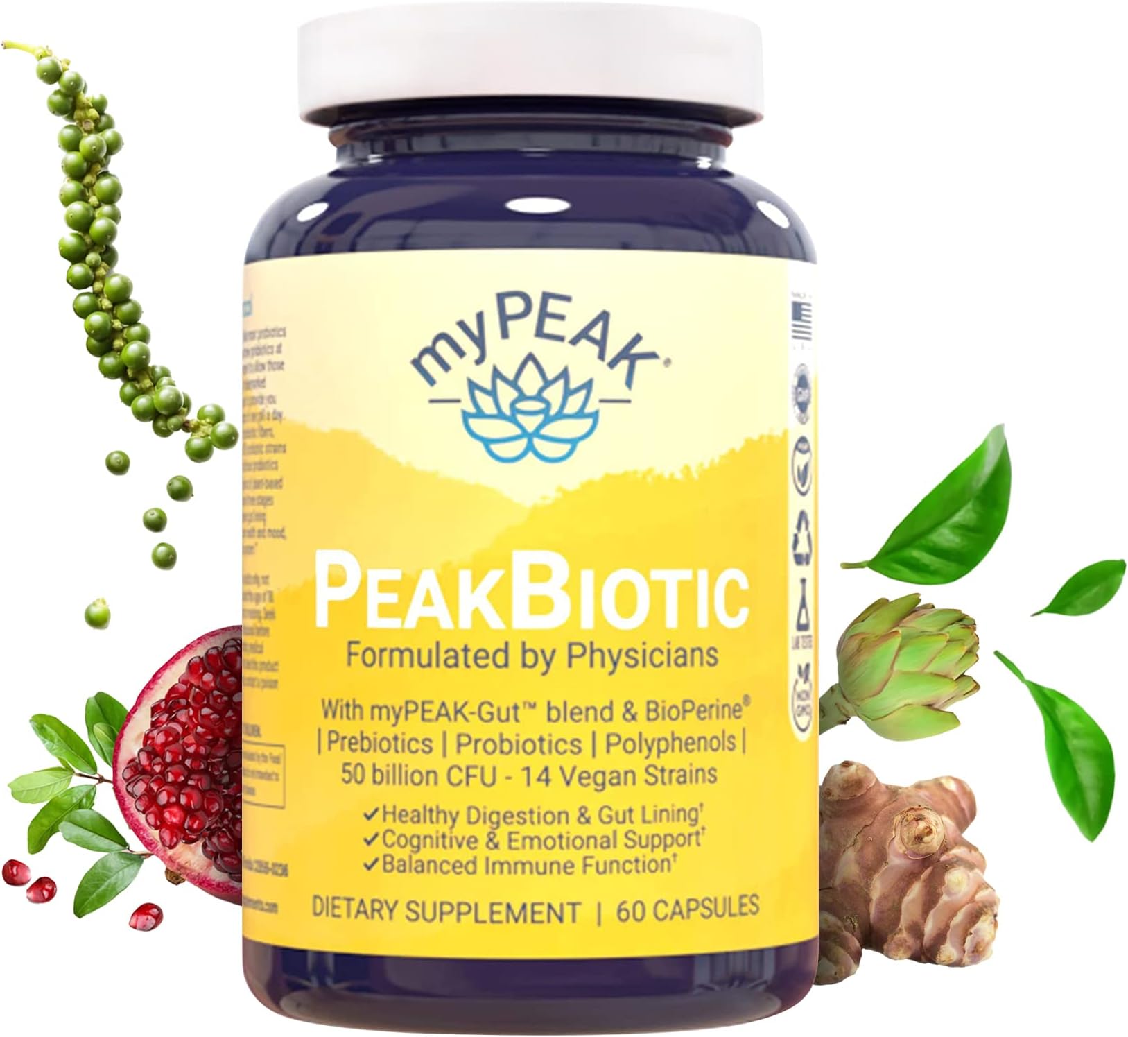 PeakBiotic: The Ultimate Vegan Synbiotic with 50 Billion CFU Probiotics Prebiotics Postbiotics Modbiotics and Gut Lining to Enhance Digestion, Skin, and Mood with 2-Month Supply, 60 Capsules