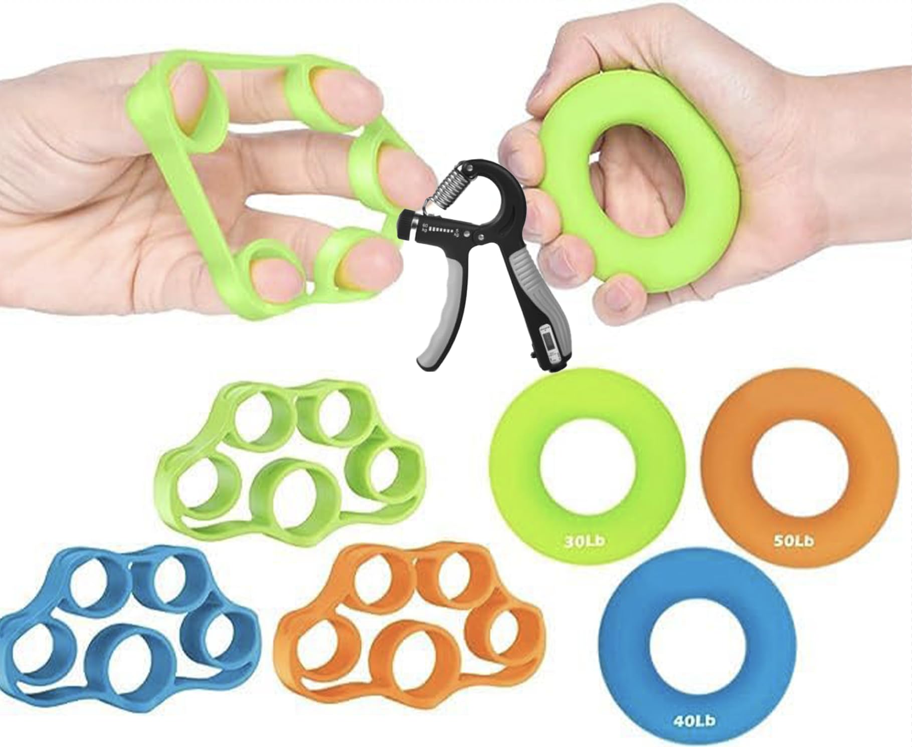 Hand Grip Strengthener, Finger Exerciser, Grip Strength Trainer (7 PCS) NEW MATERIAL Forearm grip workout, Finger Stretcher Great for Rock Climbing, Strength Training and MORE!