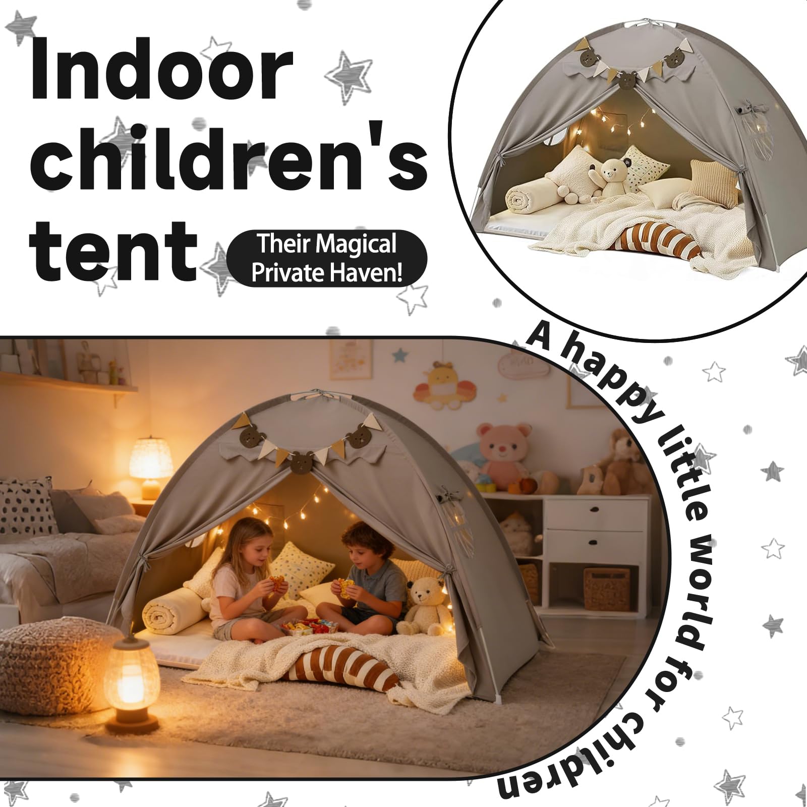 Kinderzelt Indoor Spielzelt Kinder Groß, 195 X 98 X 125 cm Kinderzimmer Spielhaus mit 2 Fenstern, Lichtkette & Fahnen, Maschinenwaschbar, für Spielzimmer, Party, Schneller Aufbau (Grau)