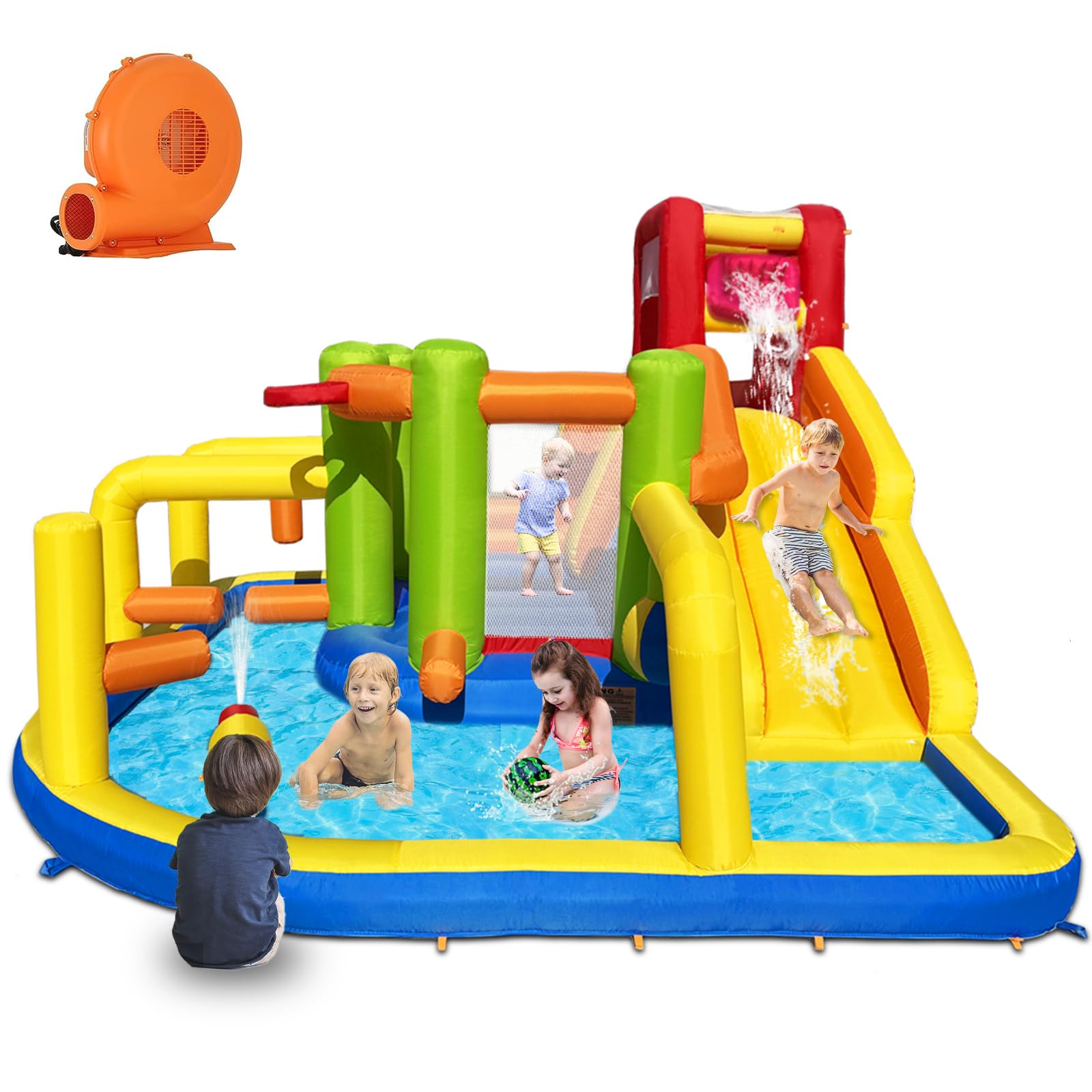 Baralir Castillo Hinchable XXL con tobogán acuático y soplador – Ideal para jardín, casa de Juegos niños al Aire Libre, Experiencia Segura en el Patio de recreo