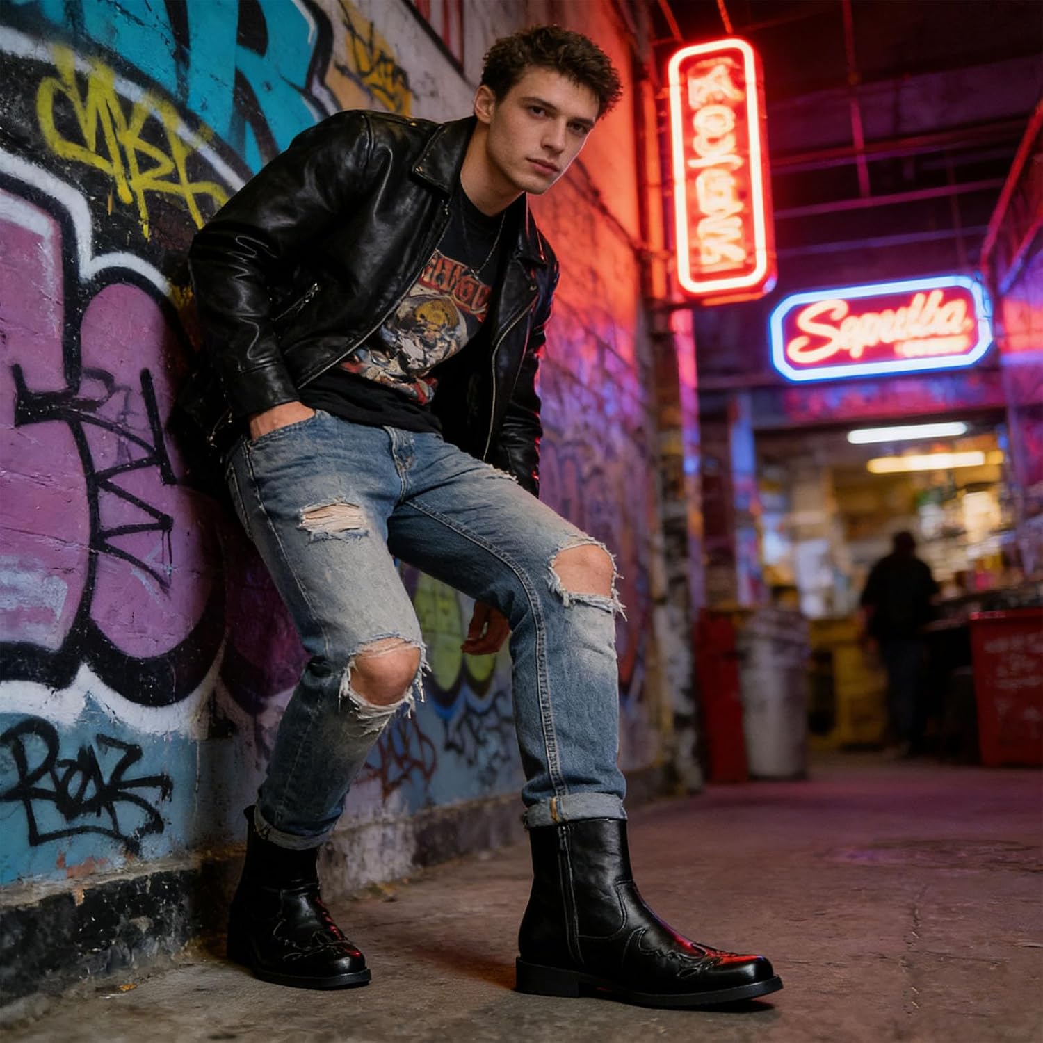 Men'S Cap Square Toe Chelsea Boots with Side Zipper Chunky Heel Non Slip Slouchy Western Dress Mid Calf Ankle Bootie for Outdoor Motorcycle Combat